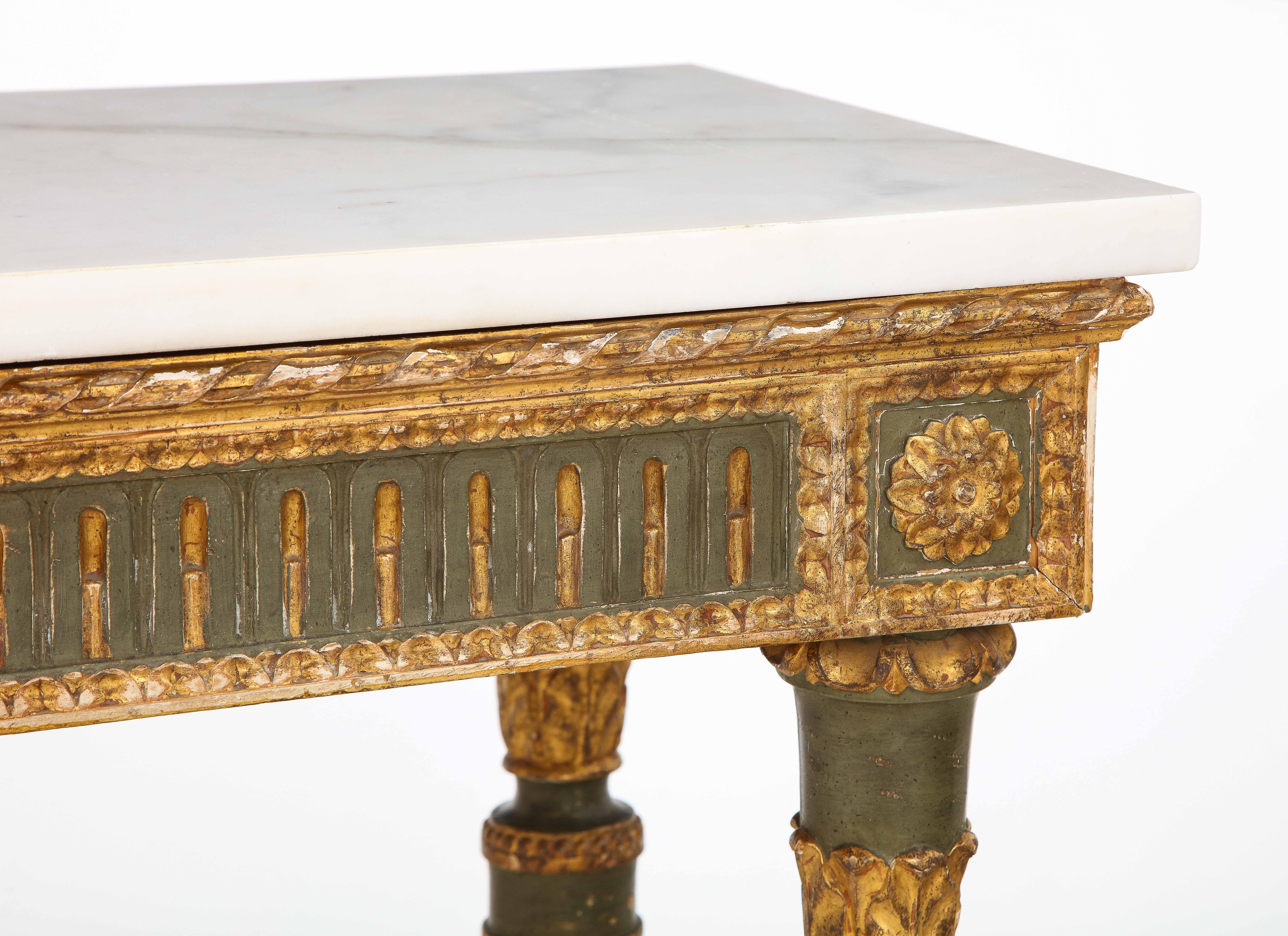 Pair of Italian Neoclassical Carved, Painted and Gilded Console Tables For Sale 10