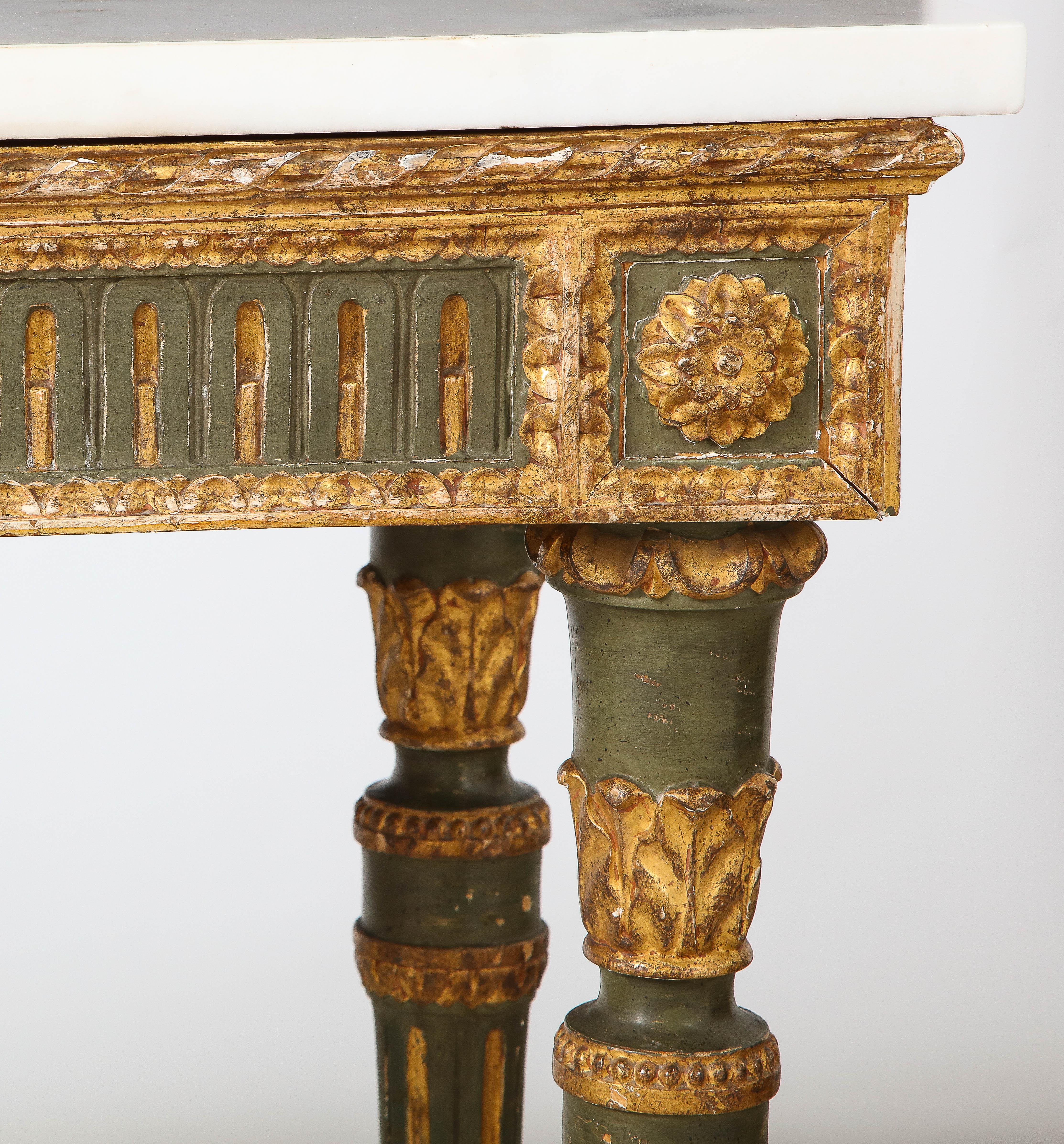 Pair of Italian Neoclassical Carved, Painted and Gilded Console Tables For Sale 11