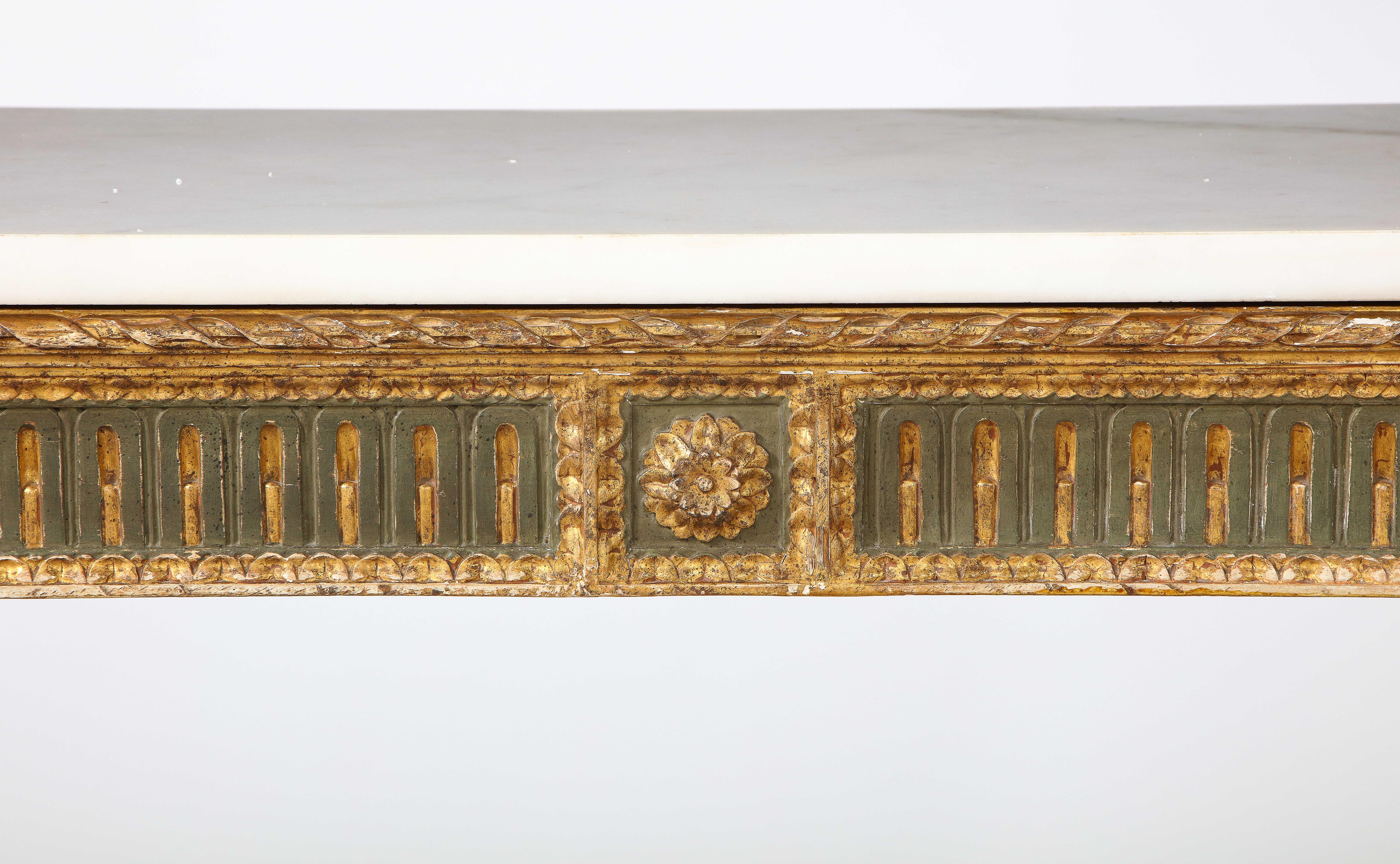 Pair of Italian Neoclassical Carved, Painted and Gilded Console Tables For Sale 12