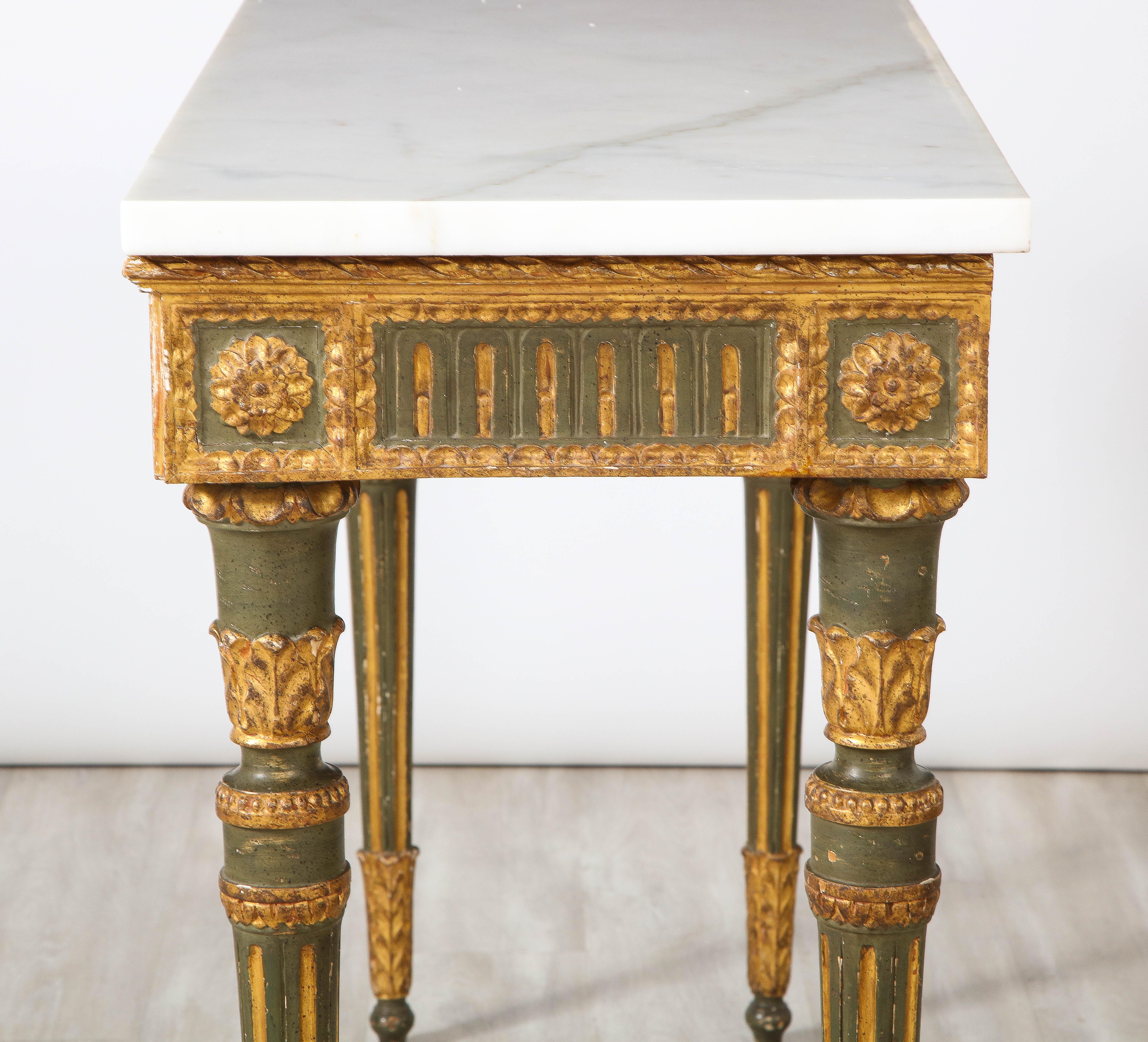 Pair of Italian Neoclassical Carved, Painted and Gilded Console Tables For Sale 13