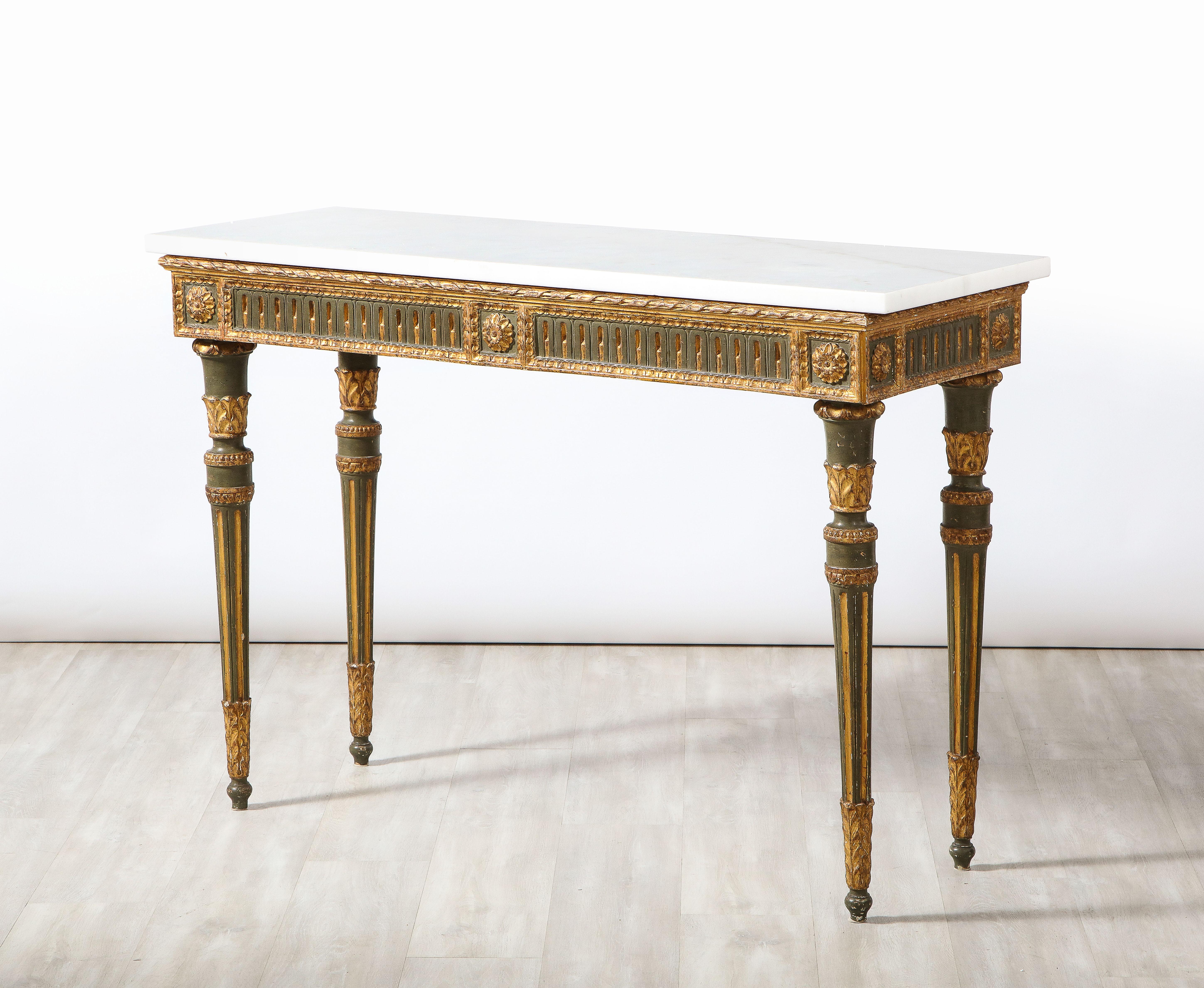 Pair of Italian Neoclassical Carved, Painted and Gilded Console Tables For Sale 1