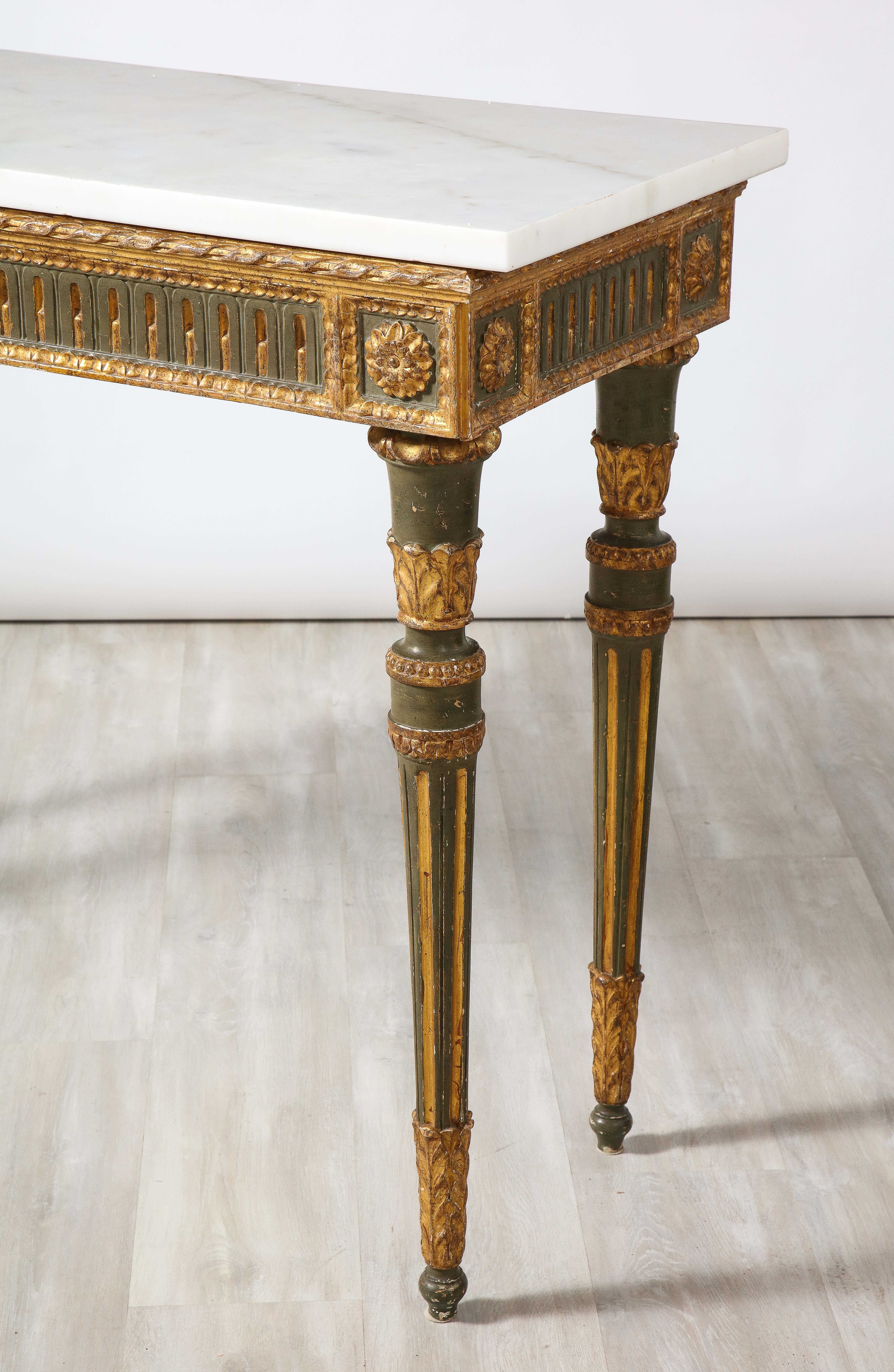 Pair of Italian Neoclassical Carved, Painted and Gilded Console Tables For Sale 2
