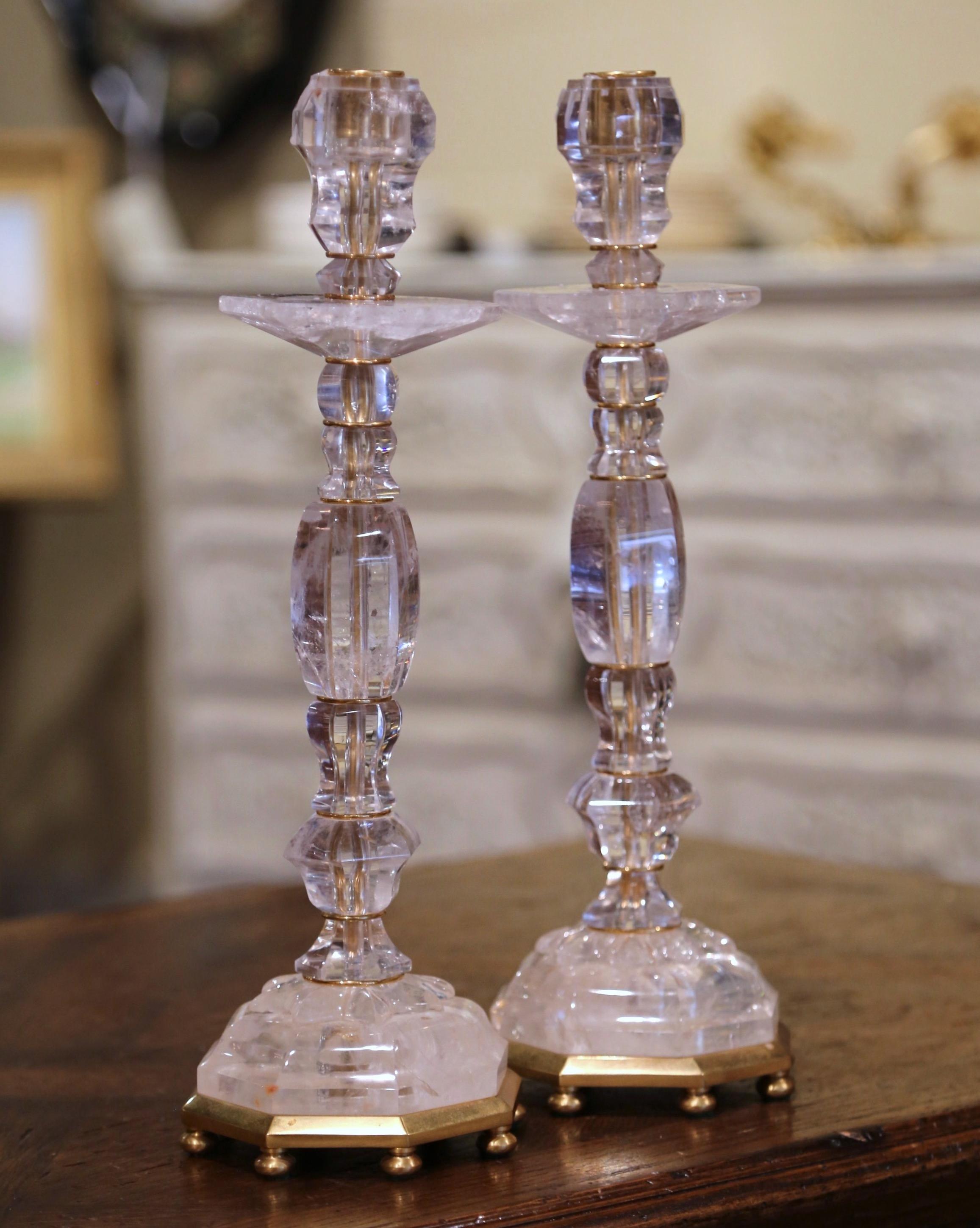 Hand-Carved Pair of Italian Neoclassical Carved Rock Crystal Candlesticks on Brass Base