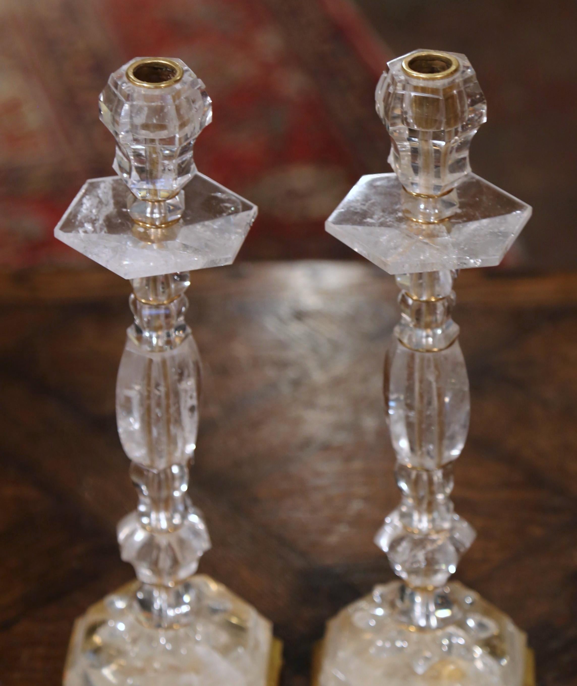 Pair of Italian Neoclassical Carved Rock Crystal Candlesticks on Brass Base In Excellent Condition In Dallas, TX