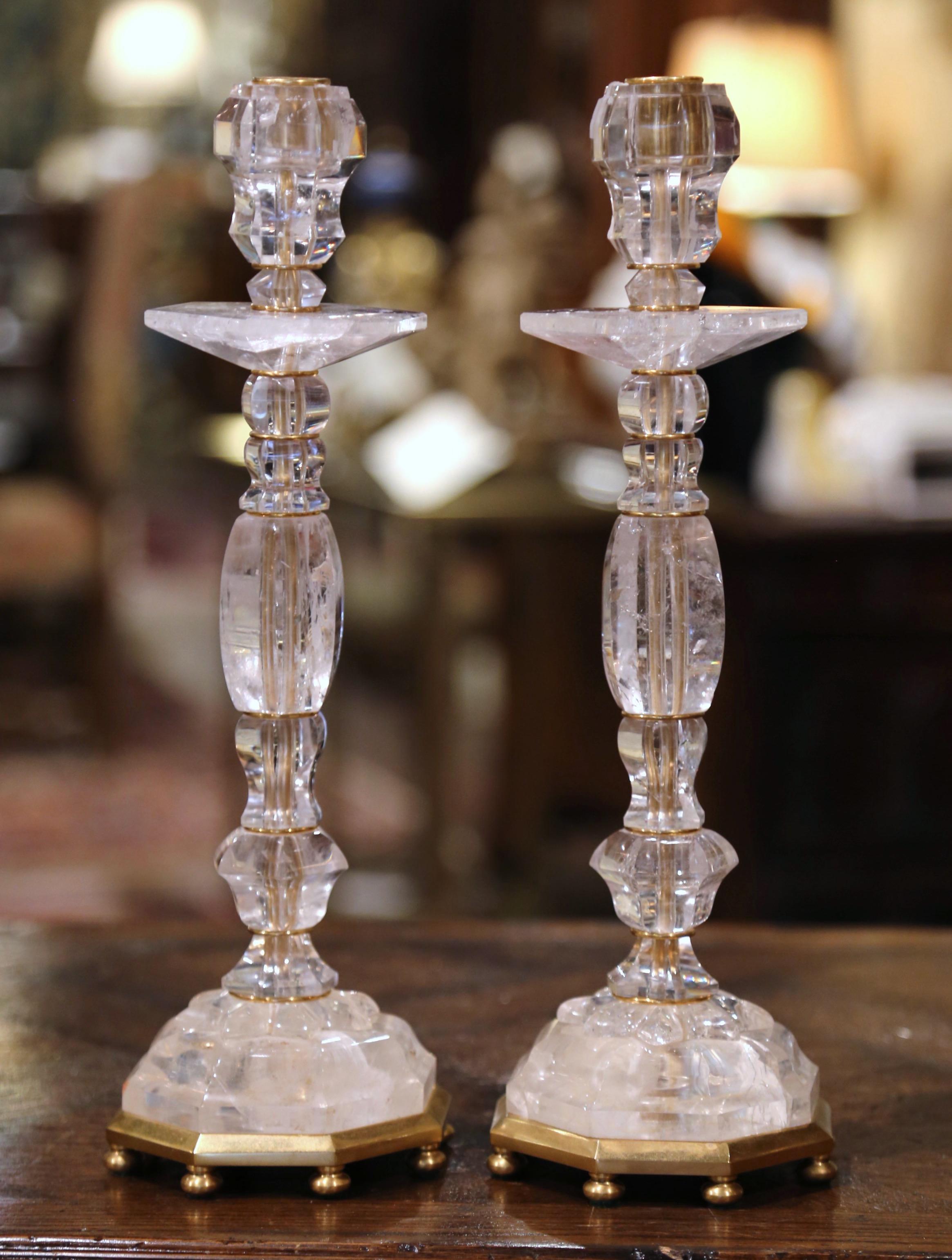 Contemporary Pair of Italian Neoclassical Carved Rock Crystal Candlesticks on Brass Base