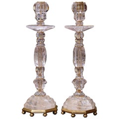 Pair of Italian Neoclassical Carved Rock Crystal Candlesticks on Brass Base