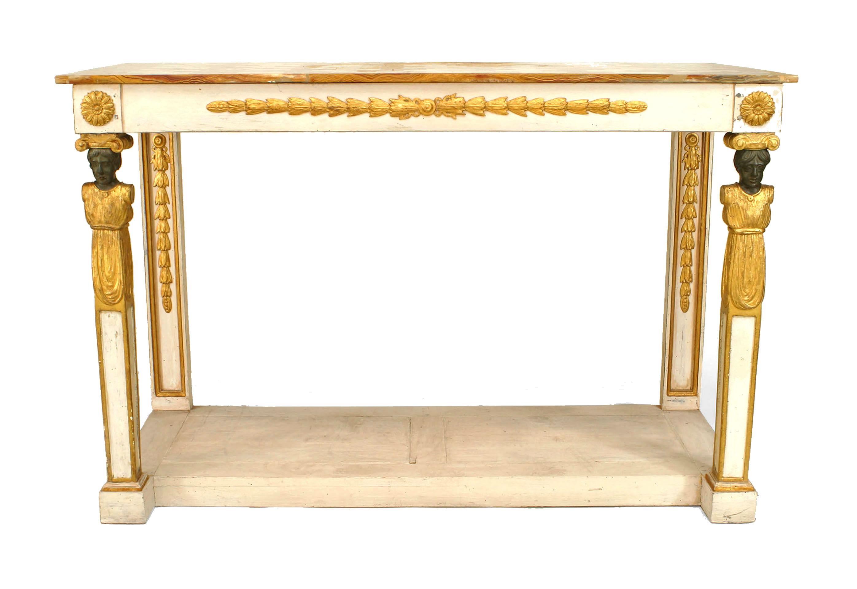 Pair of Italian Neo-classic (18/19th Century) parcel gilt & white painted console tables with specimen onyx tops above male pilasters on a platform base. (Estate of Robert Metzger) (PRICED AS Pair)
