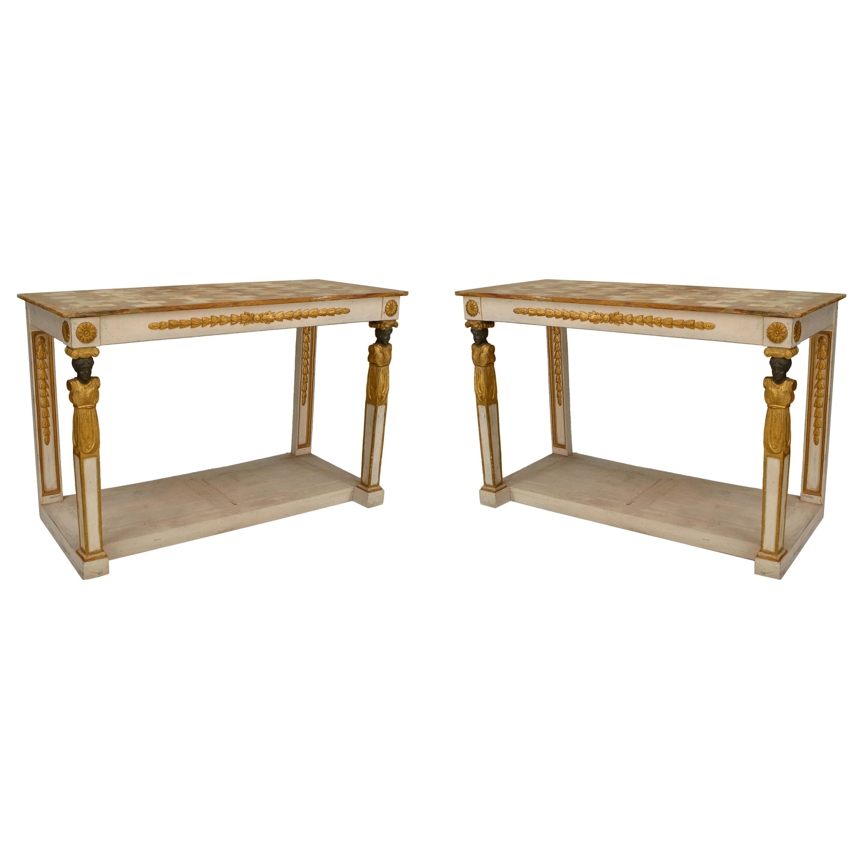Pair of Italian Neo-Classic Painted Onyx Top Console Tables For Sale