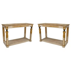 Antique Pair of Italian Neo-Classic Painted Onyx Top Console Tables