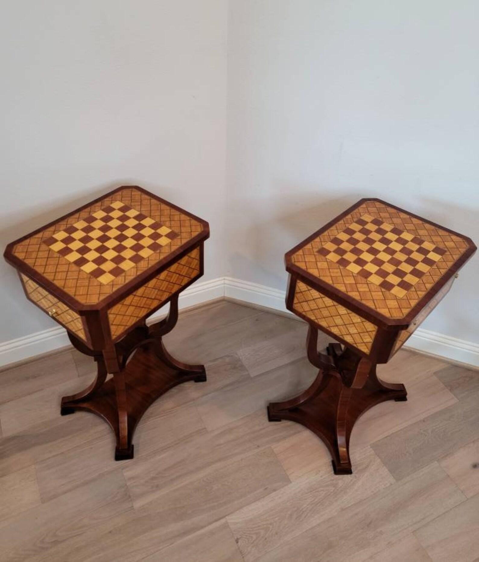A most impressive pair of Italian parquetry inlaid mahogany lift-top work tables (side table - end table - bedside nightstand) with warm, nicely aged patina. circa 1920s/1930s

What we love most about these tables is the elegant, sophisticated,