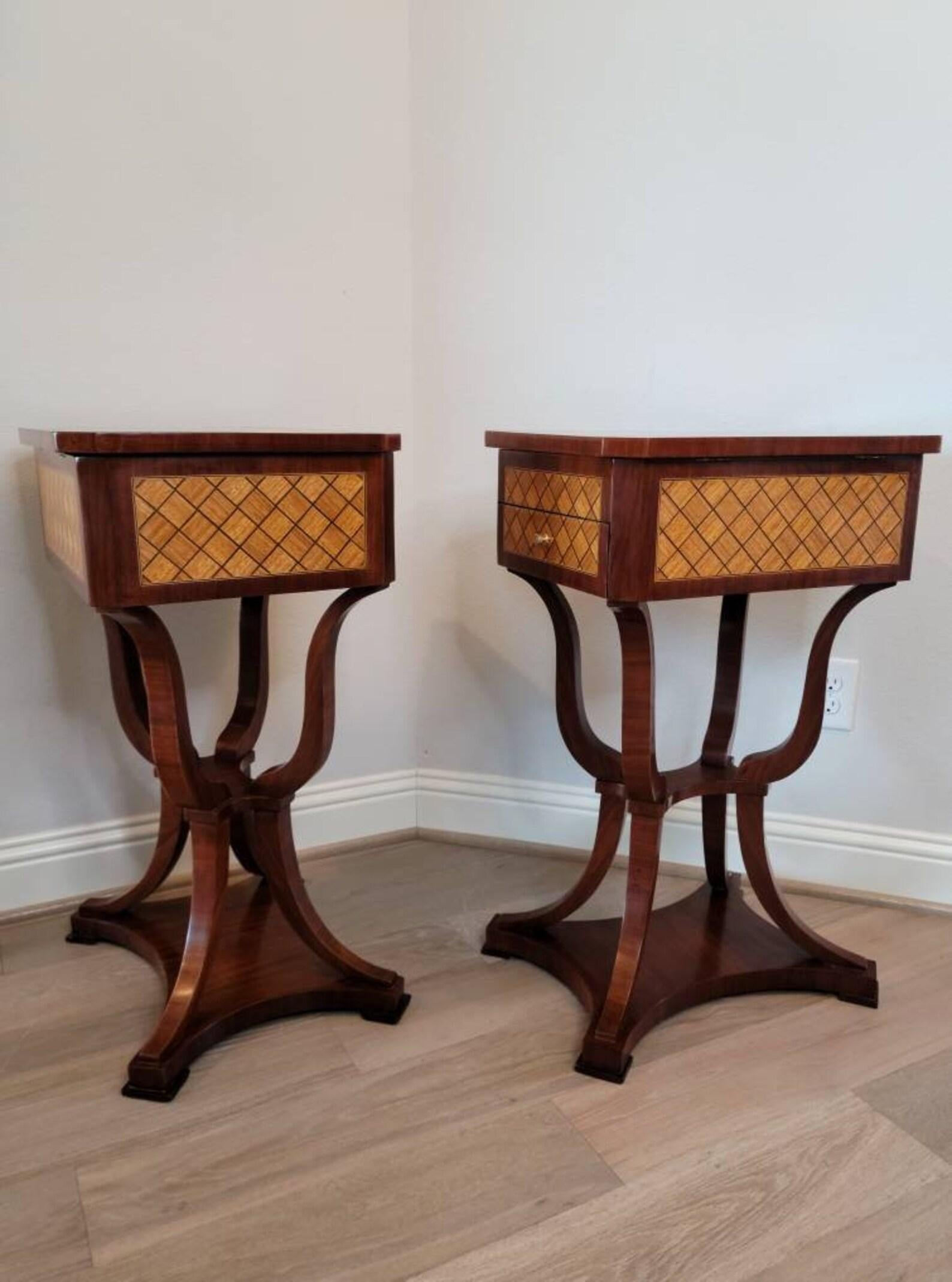 Gilt Pair of Italian Neoclassical Chessboard Parquetry Inlaid Tables For Sale