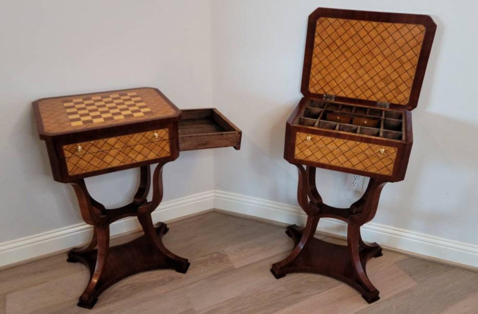 Brass Pair of Italian Neoclassical Chessboard Parquetry Inlaid Tables For Sale