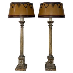 Pair of Italian Neoclassical Corinthian Column Table Lamps  Distressed Giltwood