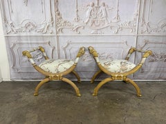 Coppia di sgabelli curuli neoclassici italiani con rivestimento Fortuny