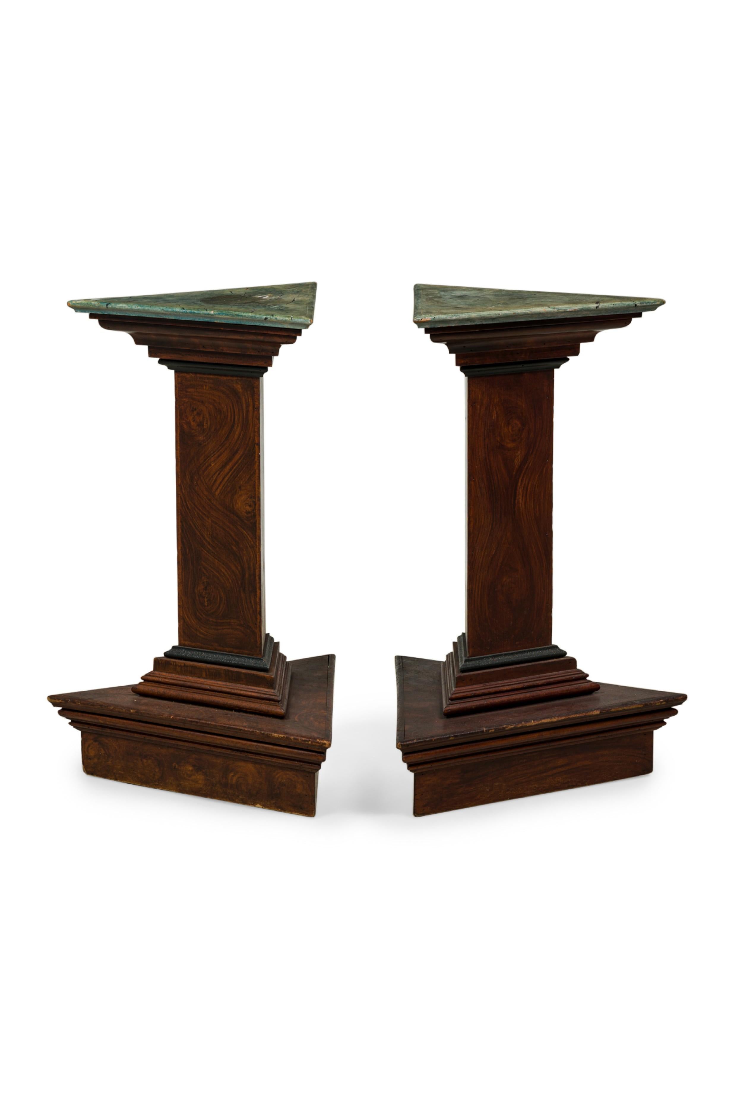PAIR of Italian Neo-classic style (19/20th Century) dark faux bois (wood) and faux marble painted low pedestals with a triangular shape base and top (PRICED AS PAIR)
