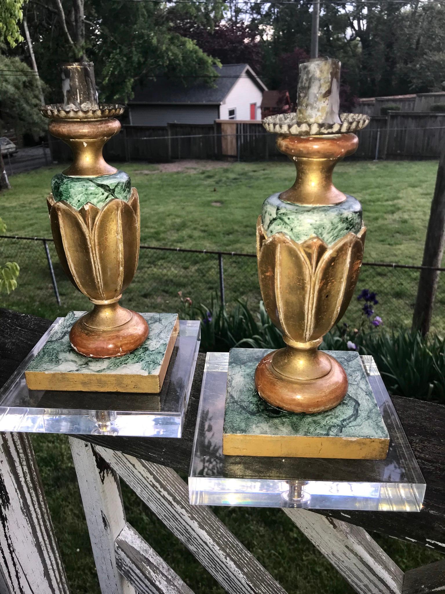 Wood Pair of Italian Neoclassical Faux Marble and Giltwood Candlesticks