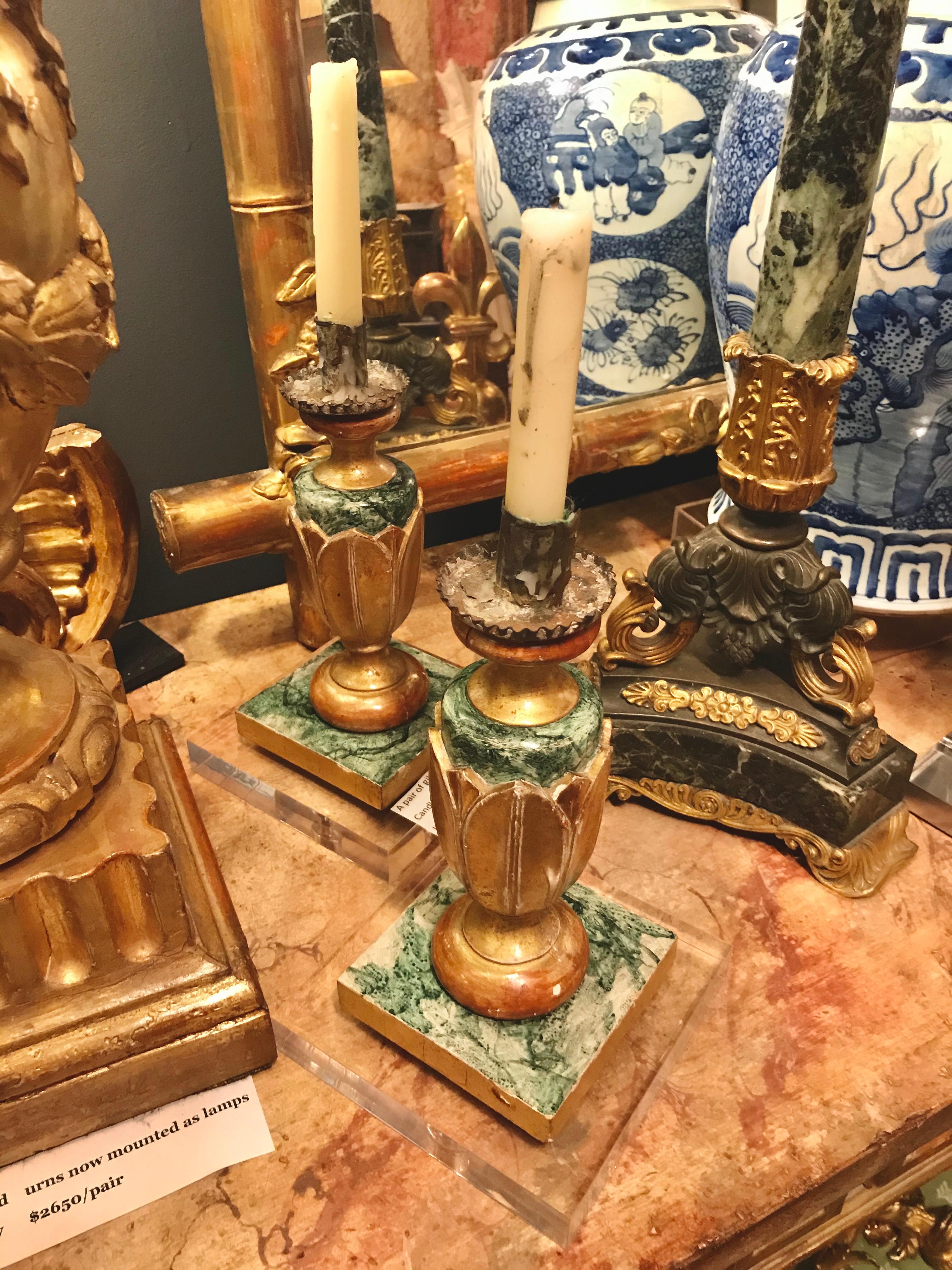 Pair of Italian Neoclassical Faux Marble and Giltwood Candlesticks In Good Condition In Nashville, TN