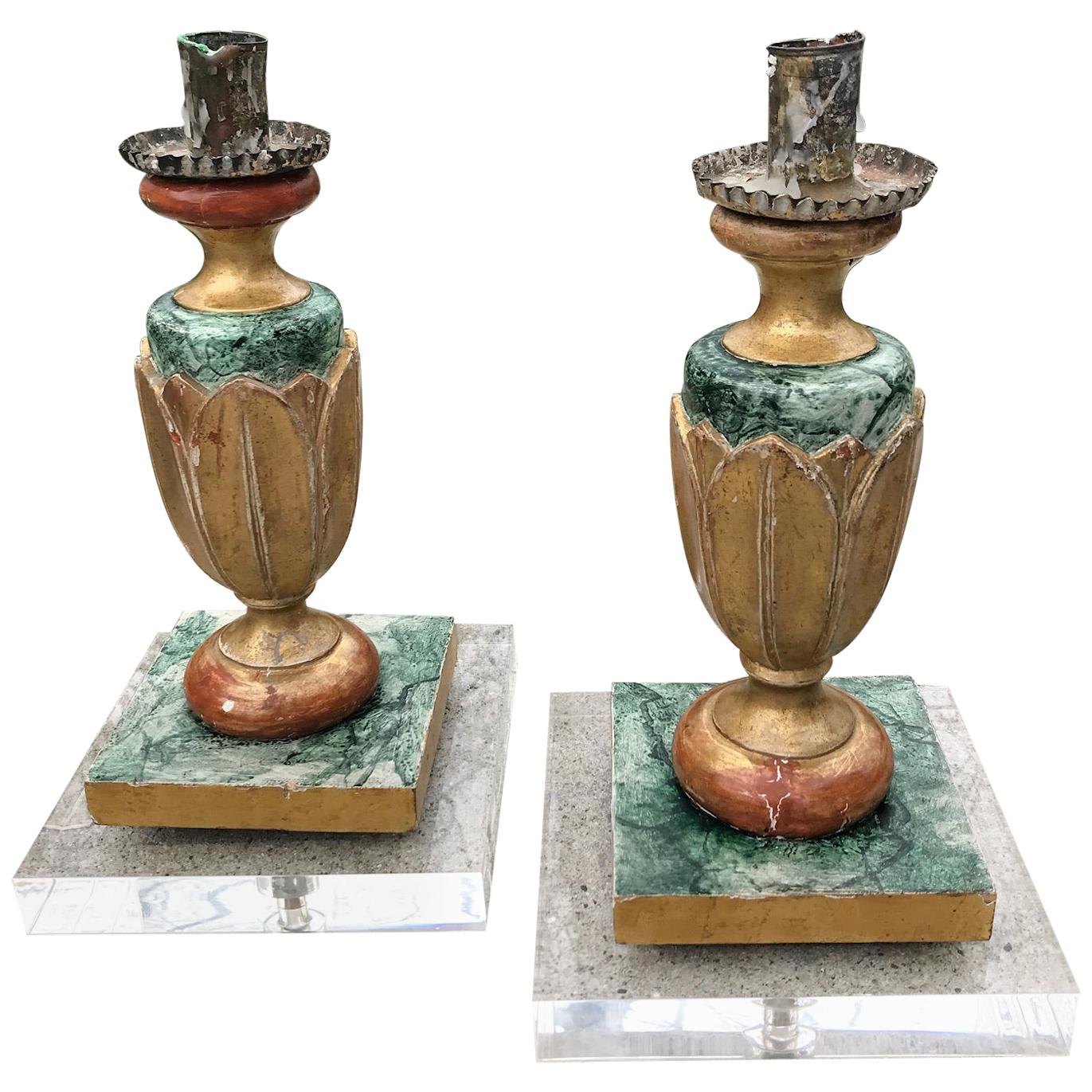 Pair of Italian Neoclassical Faux Marble and Giltwood Candlesticks