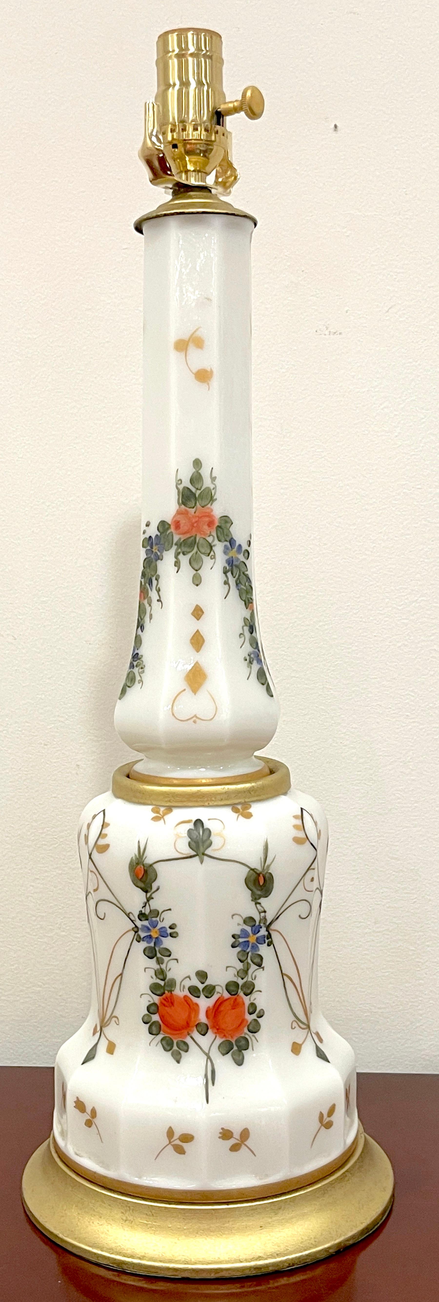 Hand-Painted Pair of Italian Neoclassical Floral Enameled Opaline Glass Column Lamps For Sale