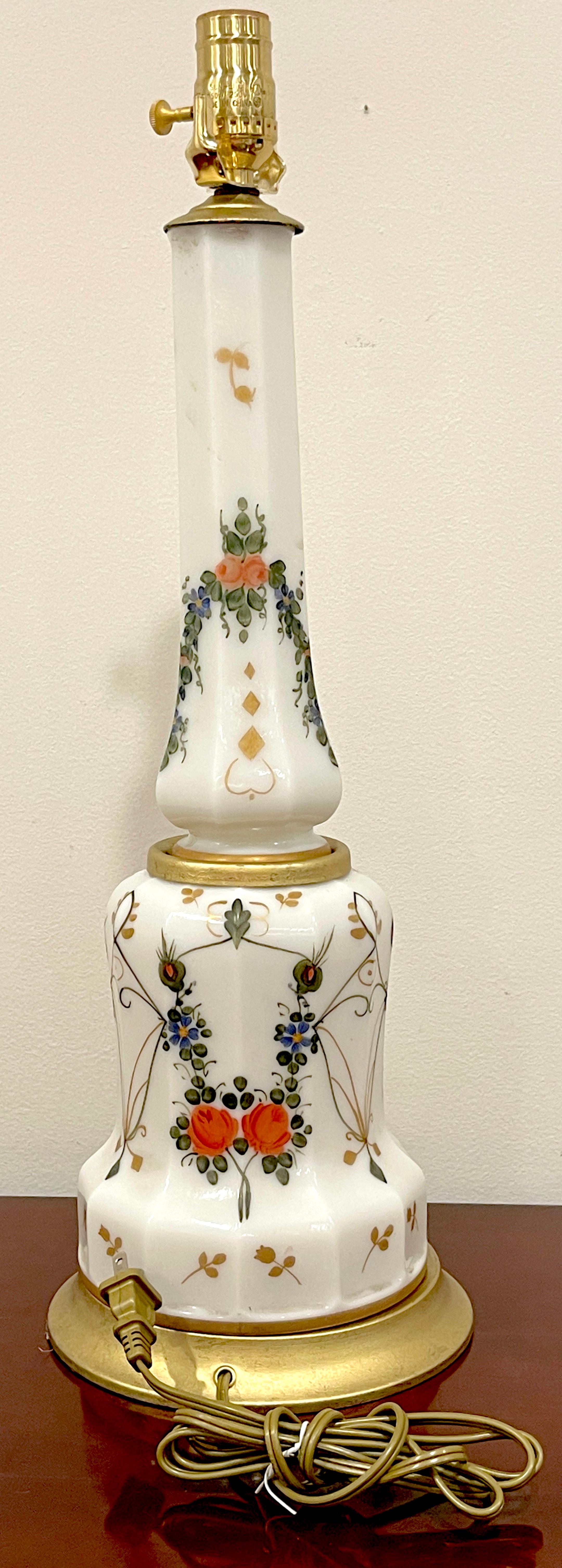 20th Century Pair of Italian Neoclassical Floral Enameled Opaline Glass Column Lamps For Sale