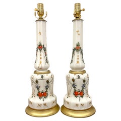 Pair of Italian Neoclassical Floral Enameled Opaline Glass Column Lamps
