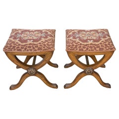 Pair of Italian Neoclassical Fruitwood Curule Benches, Late 20th Century