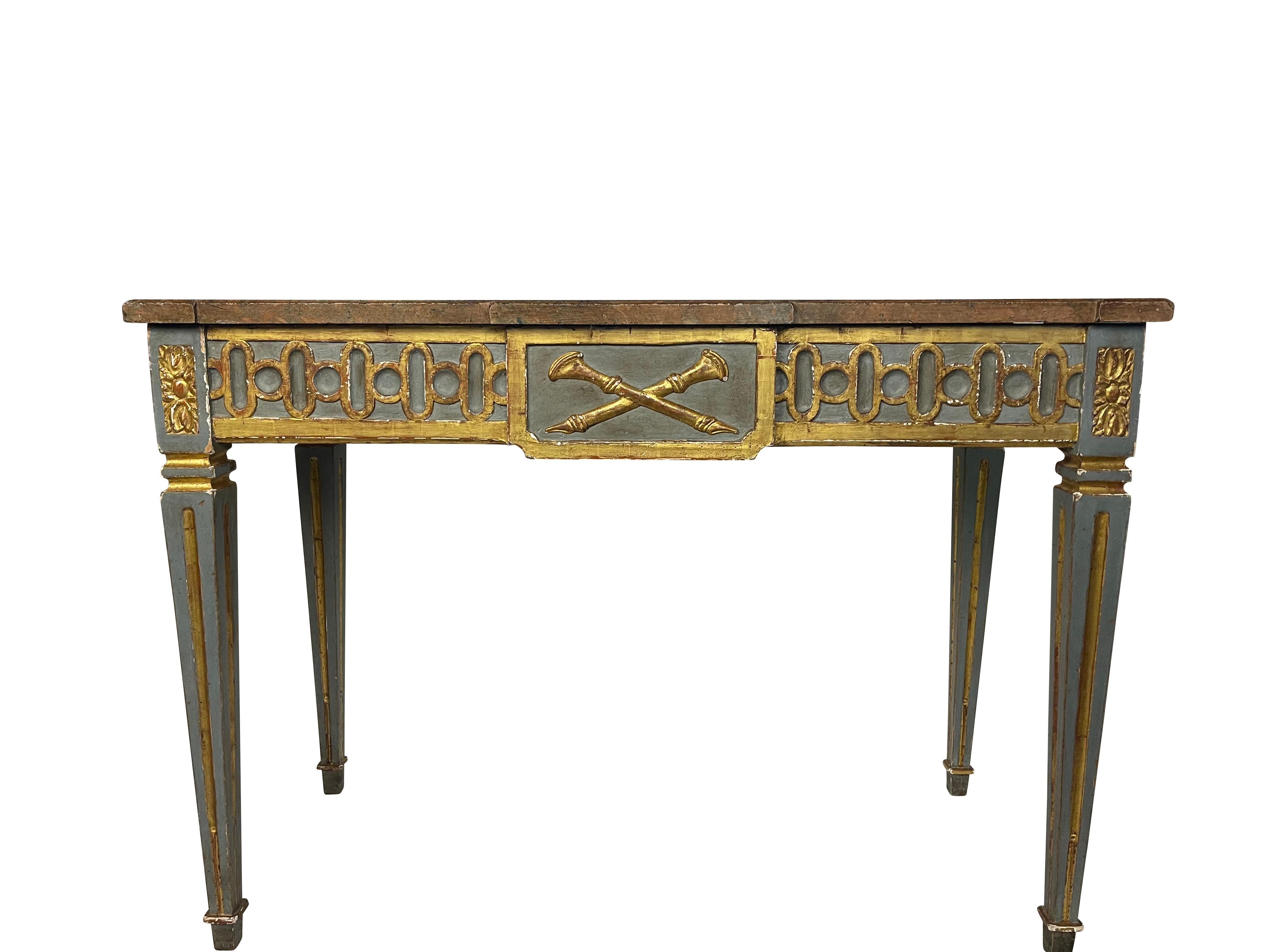 Pair of Italian Neoclassical Gilt and Painted Marble Top Console Tables  In Good Condition In Essex, MA