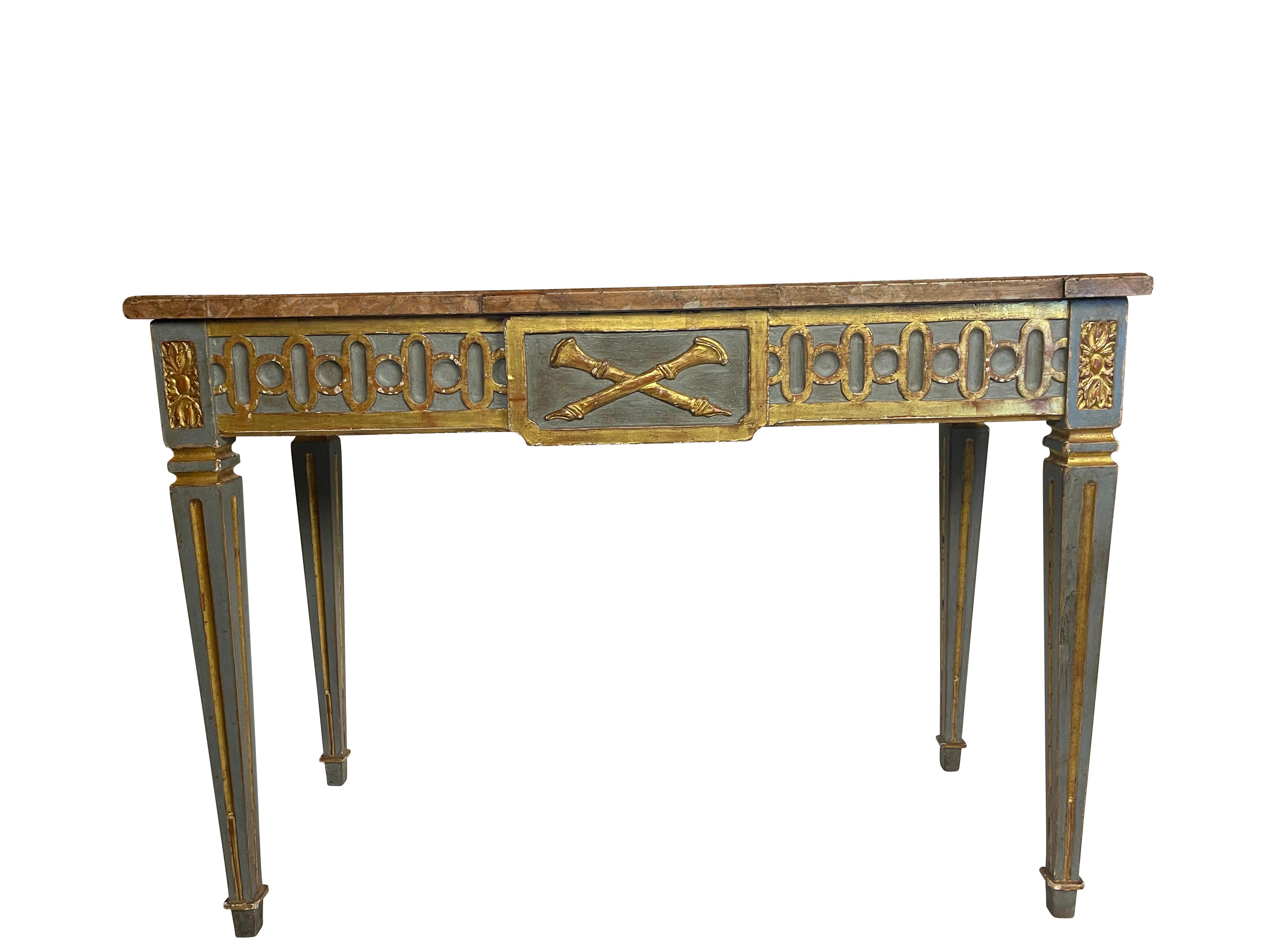 19th Century Pair of Italian Neoclassical Gilt and Painted Marble Top Console Tables 