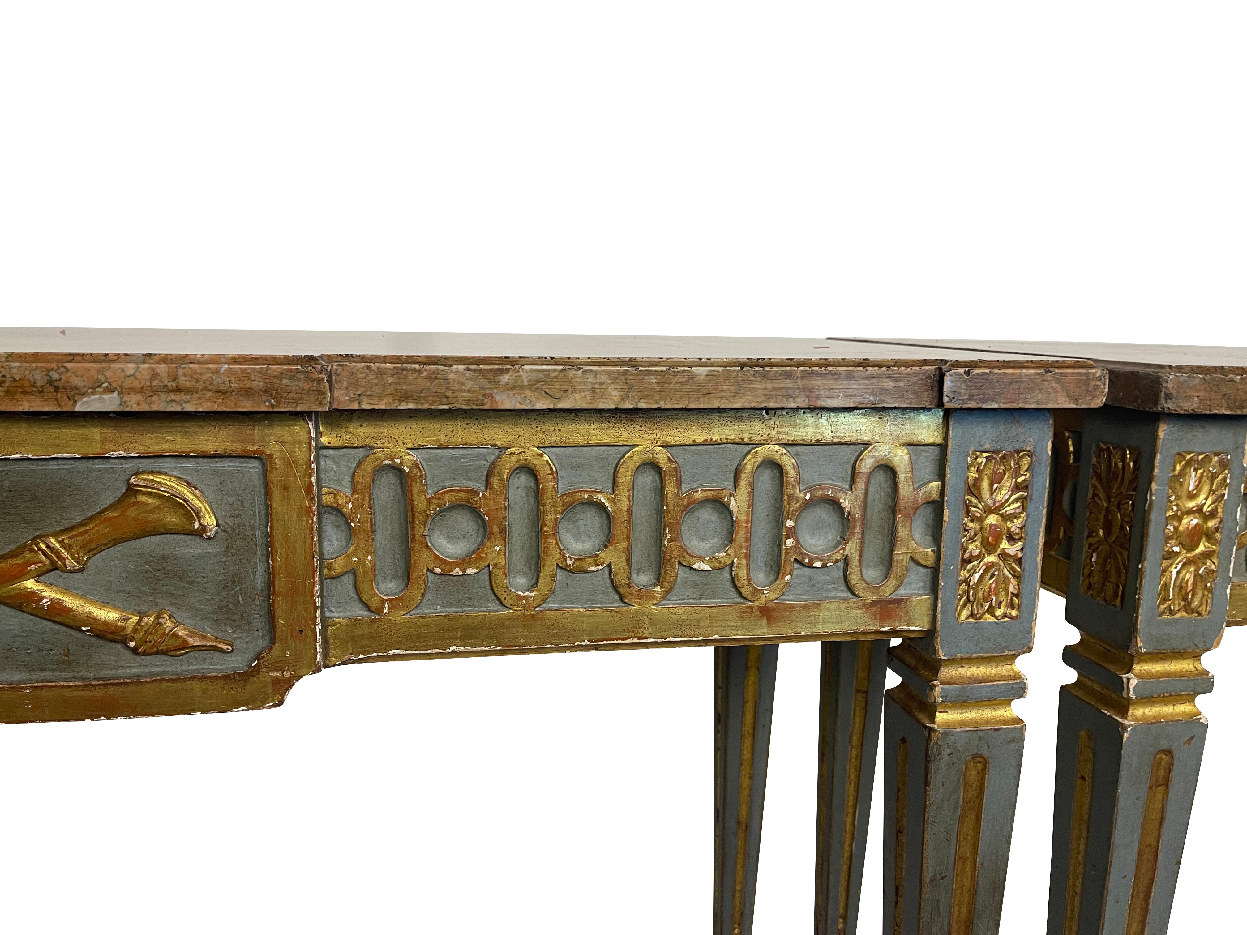 Pair of Italian Neoclassical Gilt and Painted Marble Top Console Tables  1