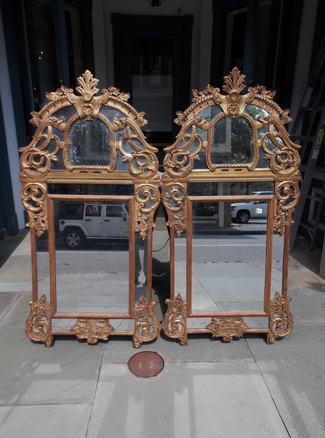 Pair of Italian neoclassical gilt carved wood mirrors with broken arch crest, upper centered foliage fan, molded edge gadrooning, flanking stylized dragon heads, floral scrolled sides, and resting on a lower centered flower basket, Early 19th