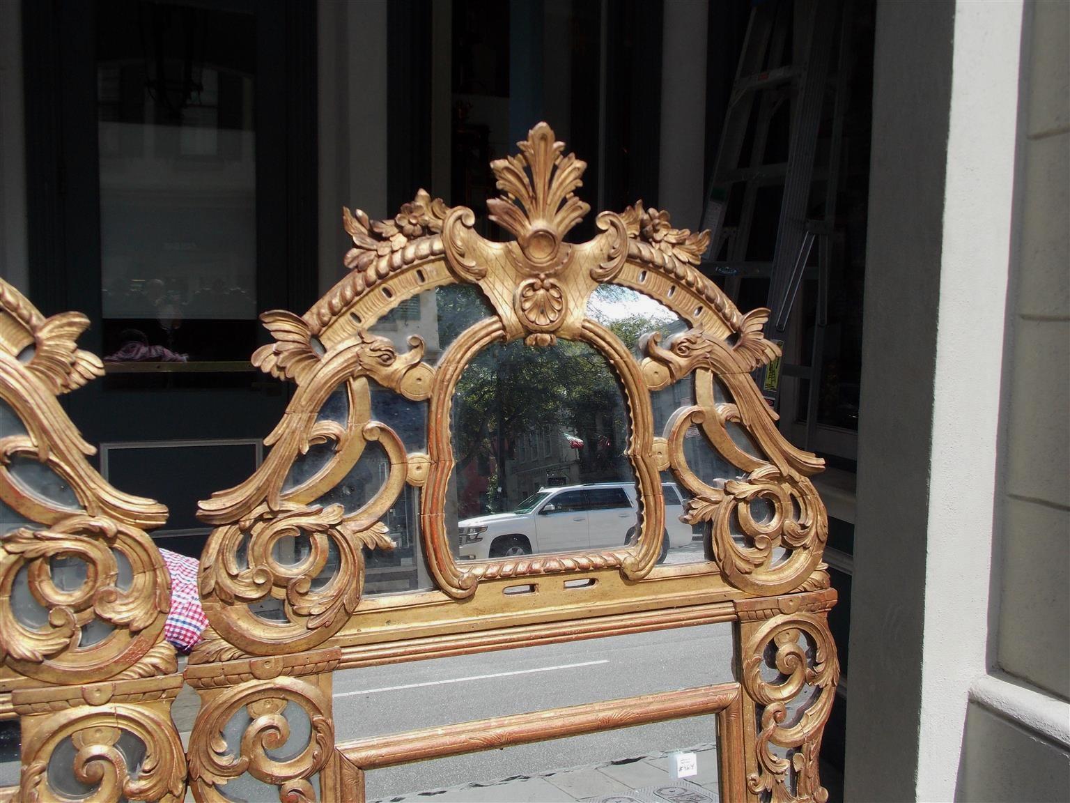 Glass Pair of Italian Neoclassical Gilt Carved Wood Foliage Crest Mirrors, Circa 1810