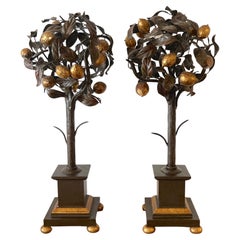 Pair of Italian Neoclassical Gilt & Patinated Tole Lemon Tree Topiaries