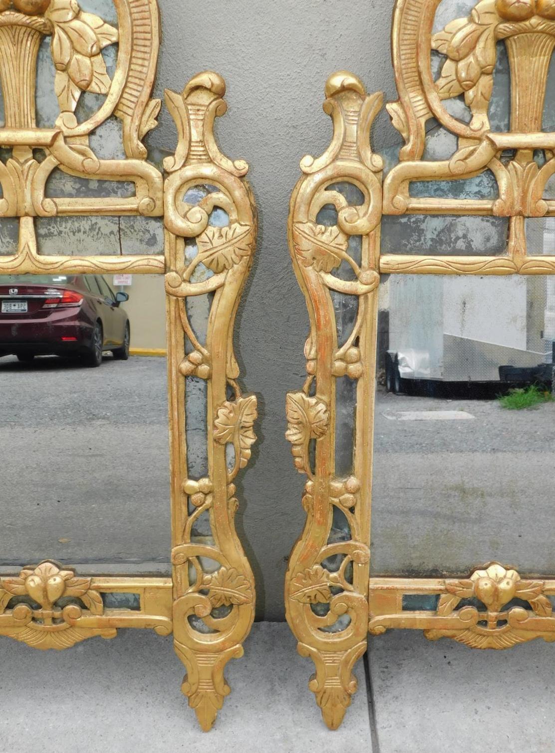 Gesso Pair of Italian Neoclassical Gilt Wood Foliage Fruit Basket Wall Mirrors, C 1780 For Sale