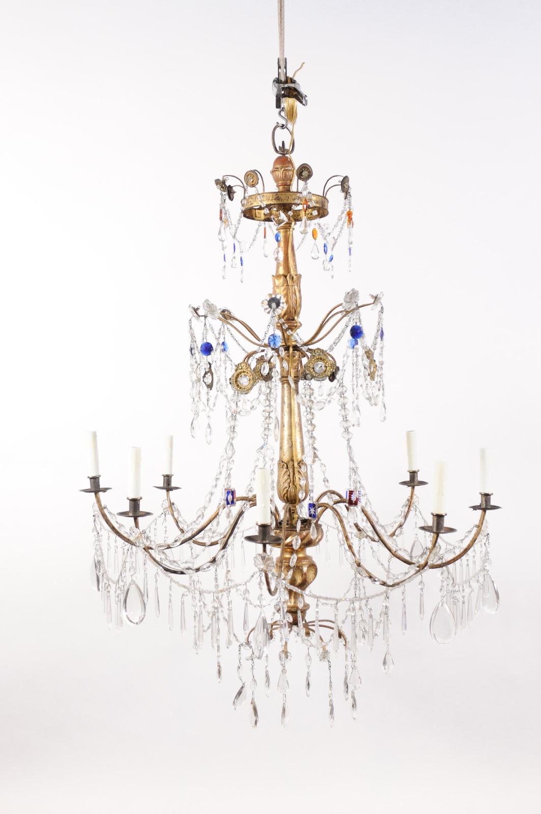Pair of Italian Neoclassical Giltwood & Crystal 8 Light Chandelier For Sale 6