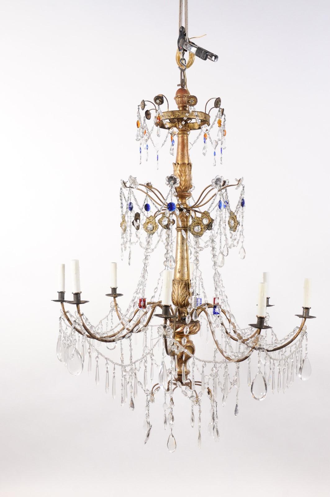 Pair of Italian Neoclassical Giltwood & Crystal 8 Light Chandelier For Sale 7