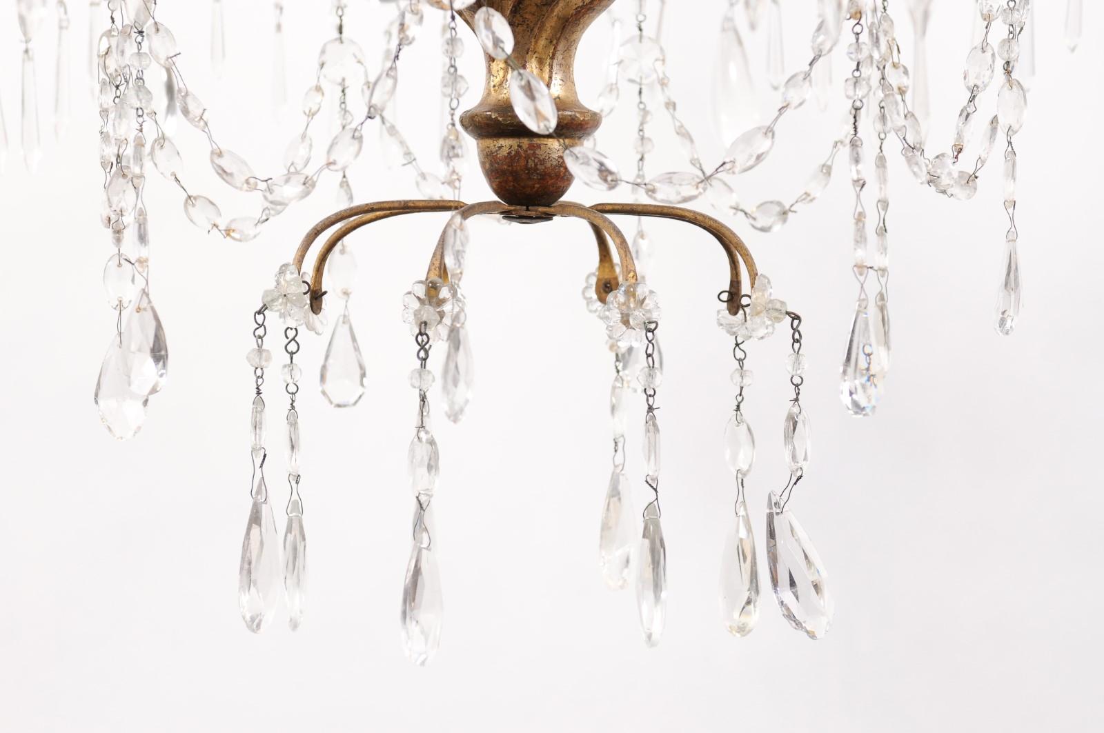 Pair of Italian Neoclassical Giltwood & Crystal 8 Light Chandelier For Sale 9
