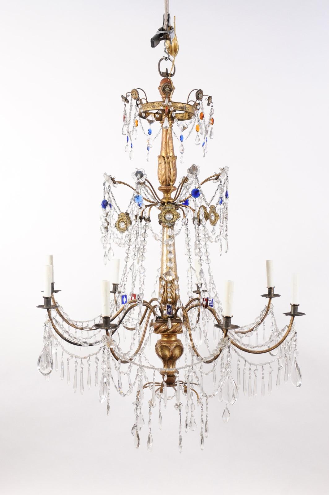 Pair of Italian Neoclassical Giltwood & Crystal 8 Light Chandelier For Sale 12