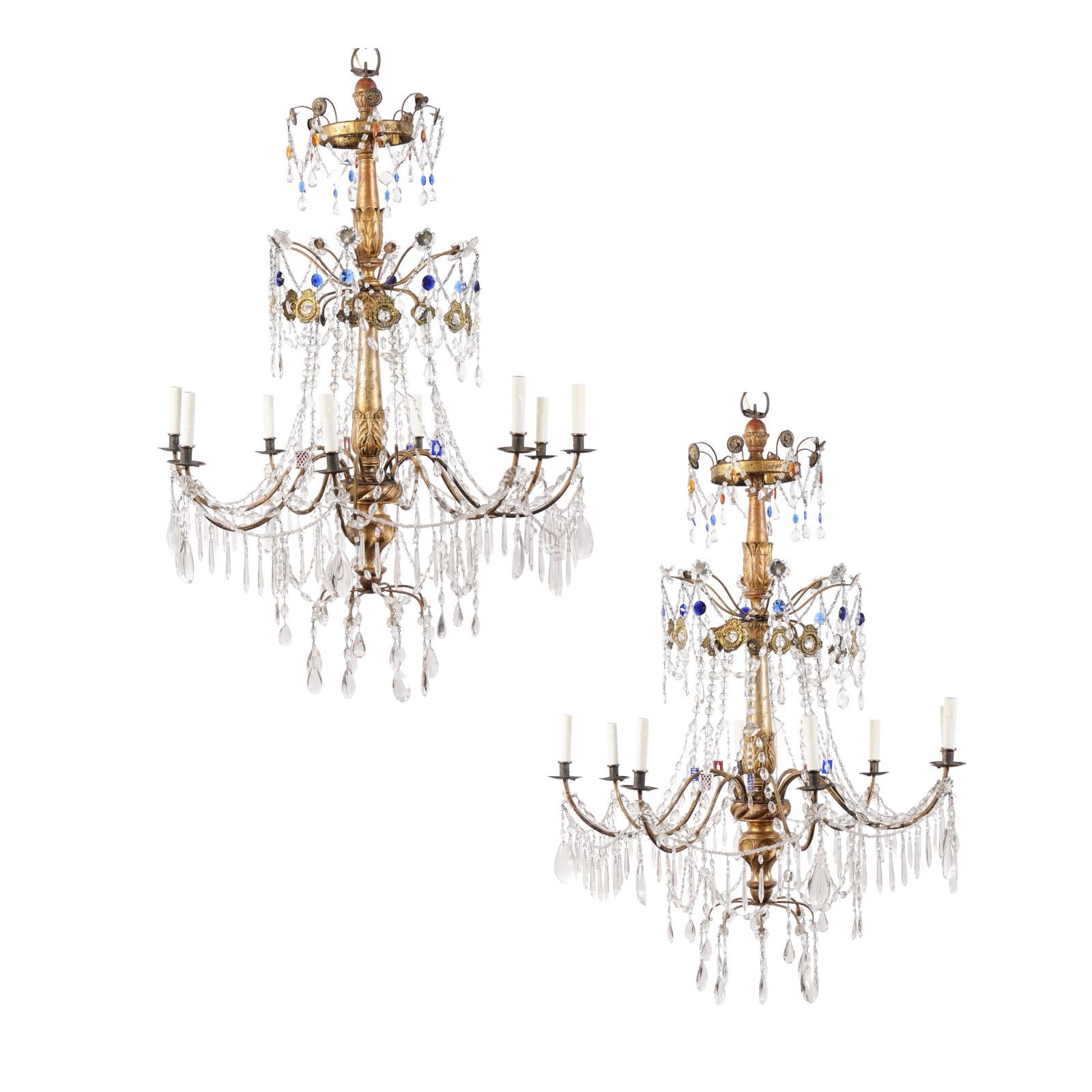 Pair of Italian Neoclassical Giltwood & Crystal 8 Light Chandelier with Blue & Topaz Colored Glass Pendents, ca. 1790