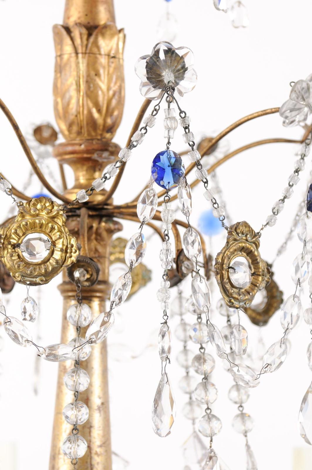 Late 18th Century Pair of Italian Neoclassical Giltwood & Crystal 8 Light Chandelier For Sale
