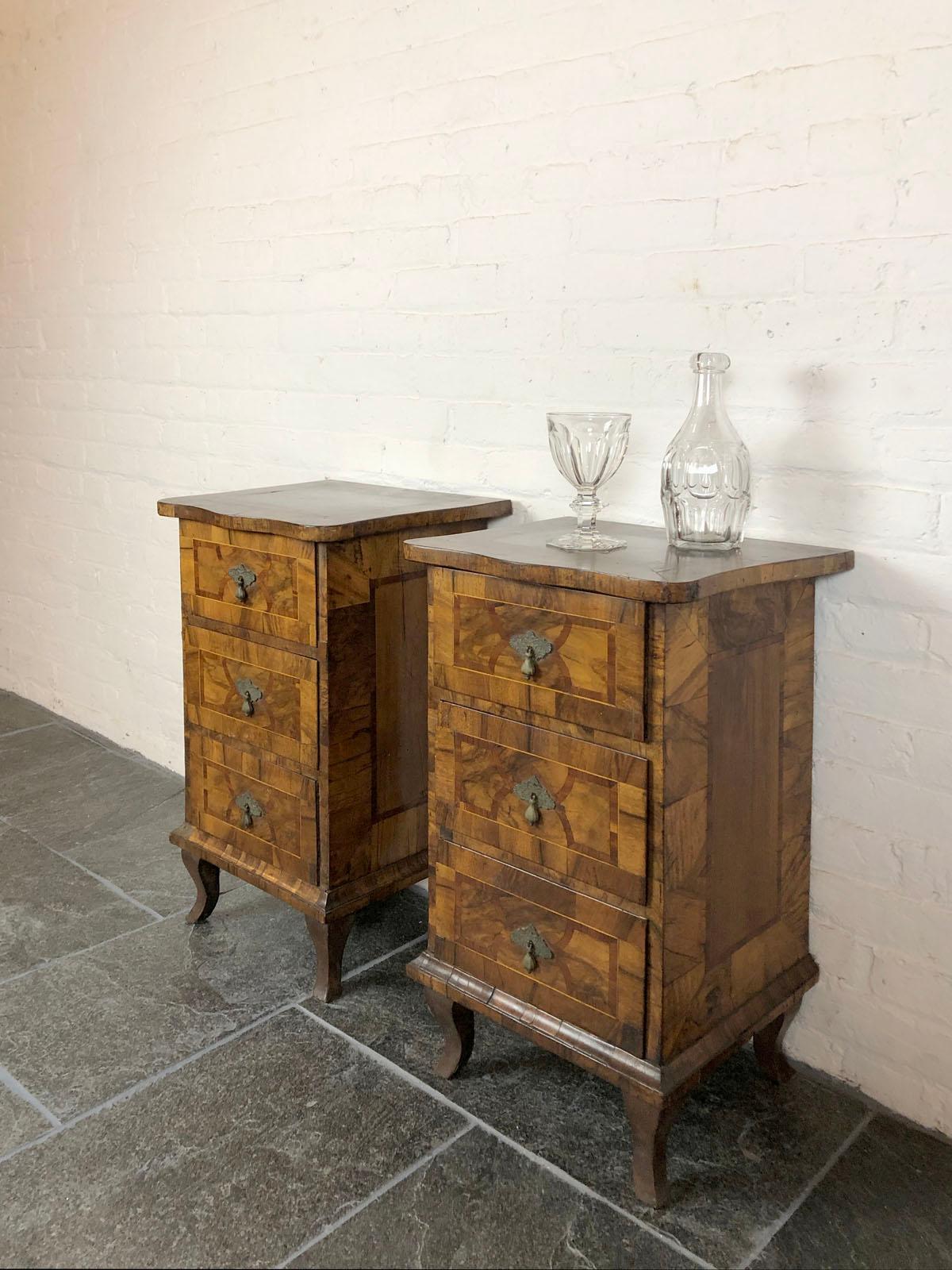 Veneer Pair of Italian Neoclassical Late 18th Century Inlaid Comodini or Night Stands For Sale