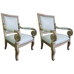 Pair of Italian Neoclassical Leather Upholstered Armchairs