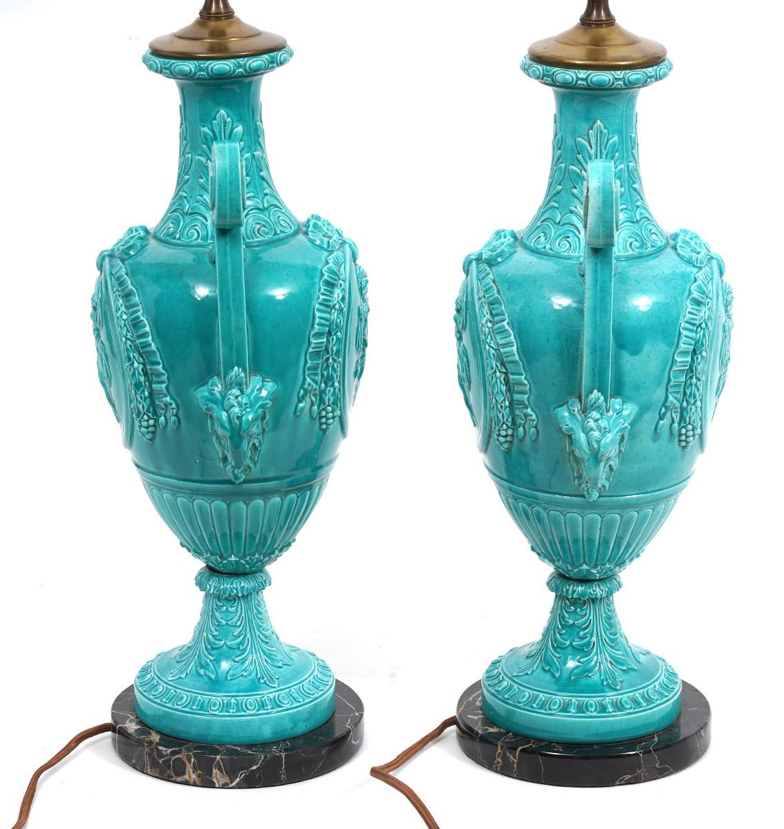 Pair of Italian Neoclassical Majolica Lamps with High Crater Rolled Handles 7