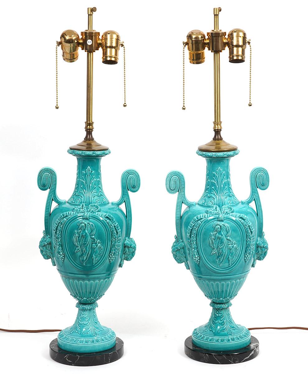Pair of Italian Neoclassical Majolica Lamps with High Crater Rolled Handles In Good Condition In Ft. Lauderdale, FL
