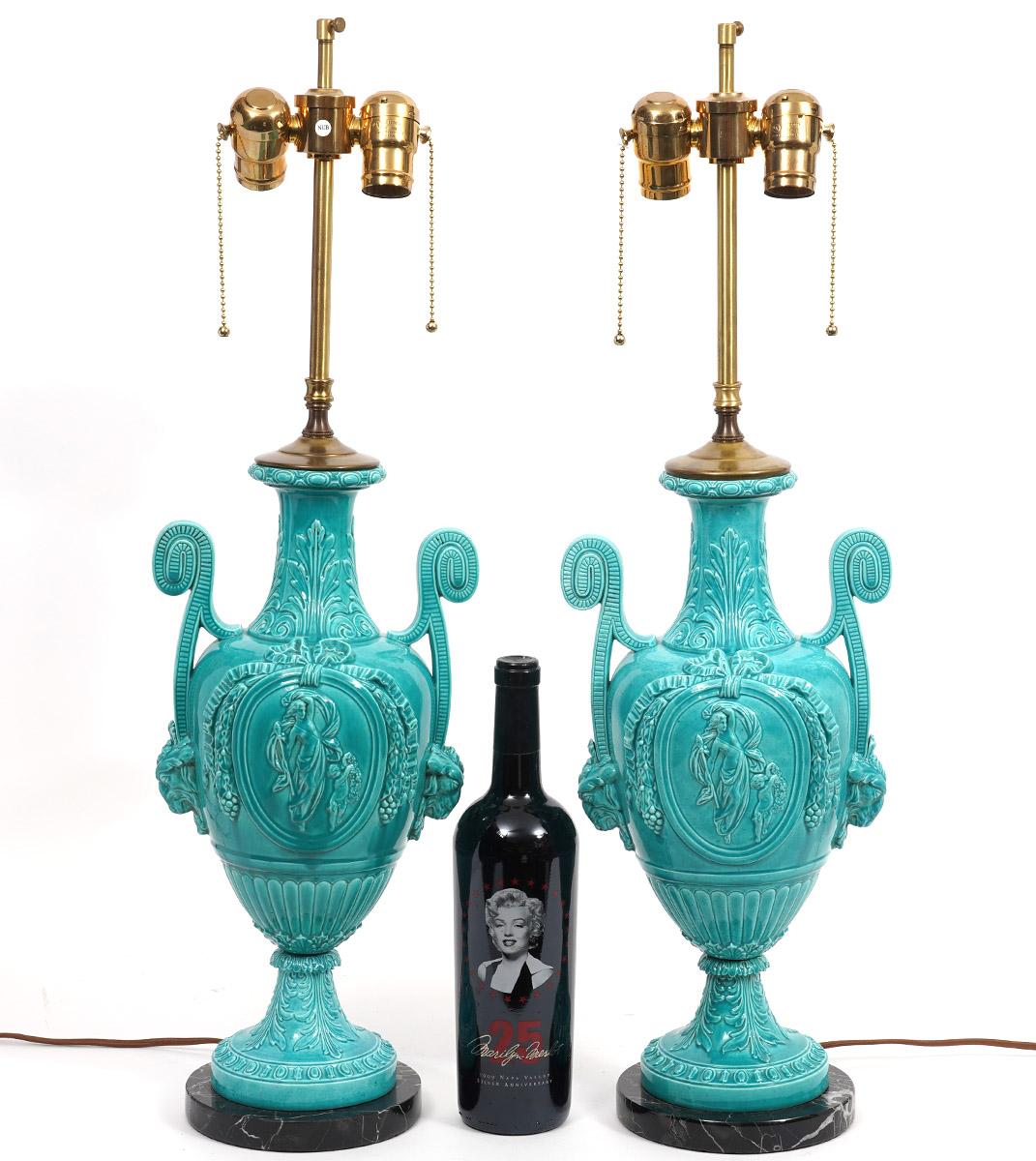 19th Century Pair of Italian Neoclassical Majolica Lamps with High Crater Rolled Handles