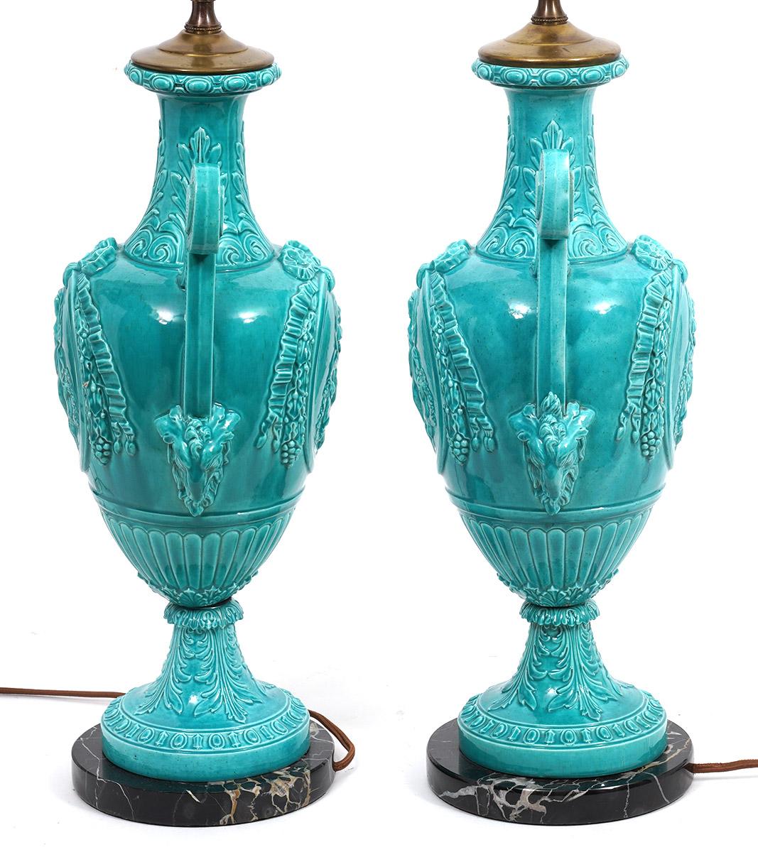 Pair of Italian Neoclassical Majolica Lamps with High Crater Rolled Handles 2