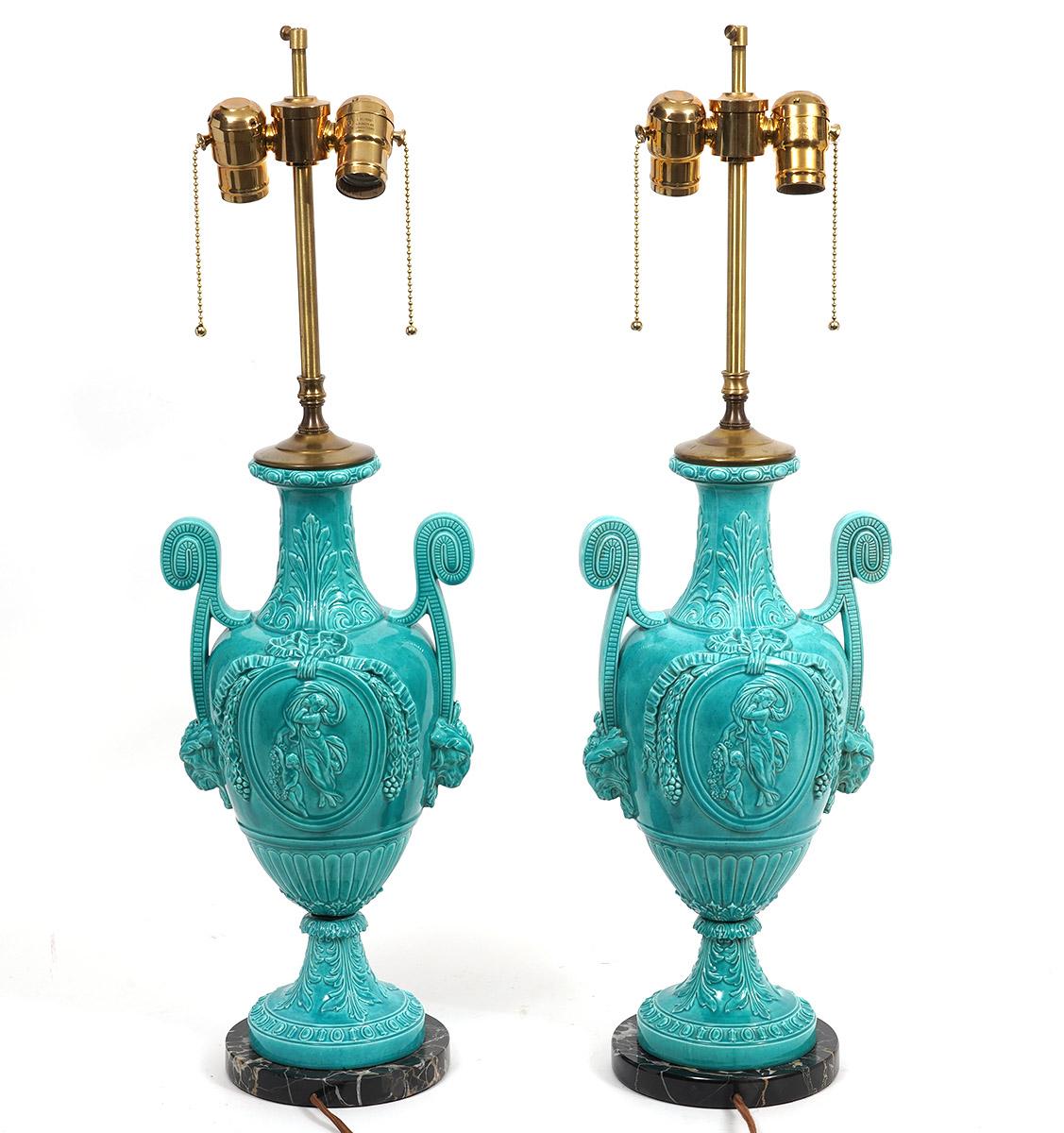 Pair of Italian Neoclassical Majolica Lamps with High Crater Rolled Handles 3