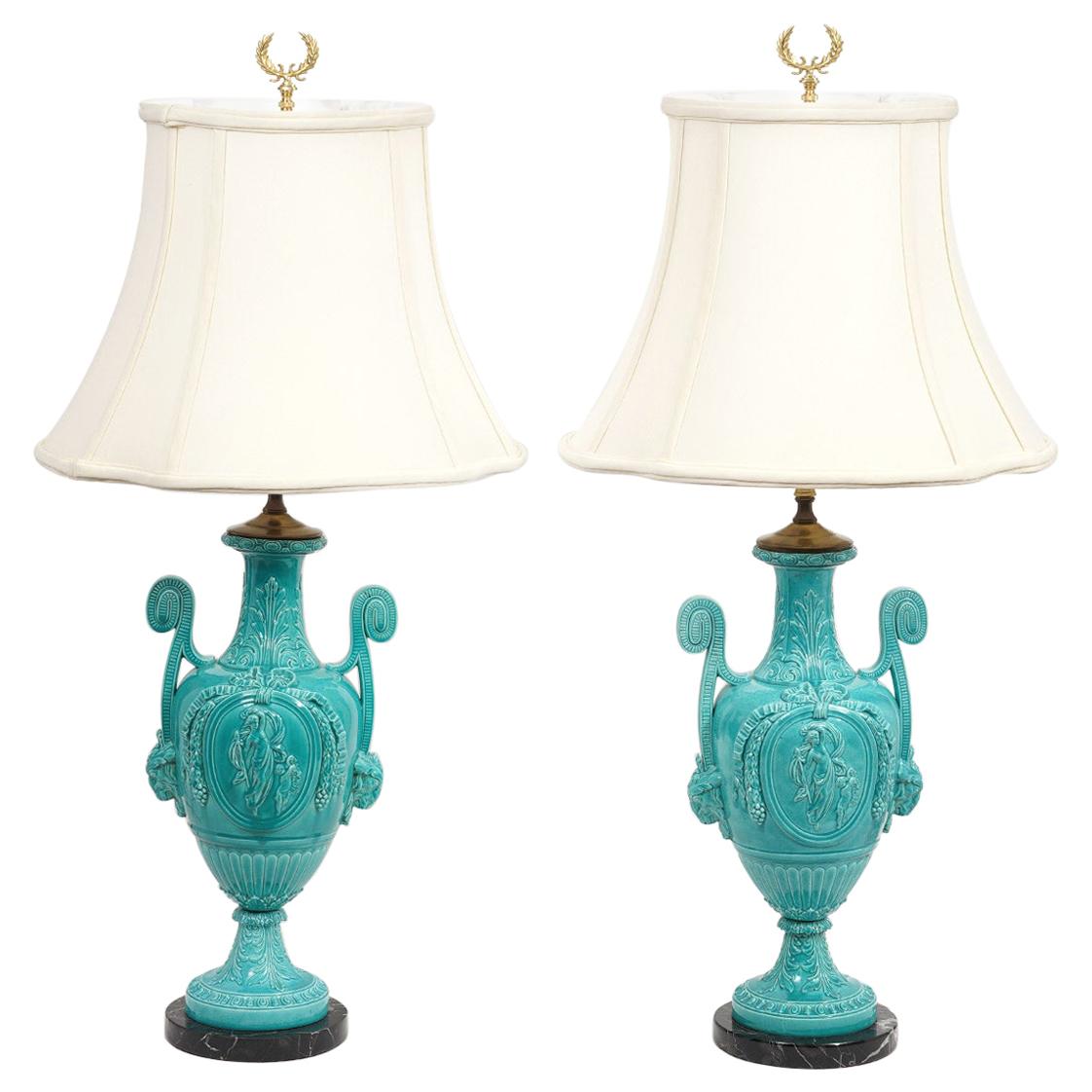 Pair of Italian Neoclassical Majolica Lamps with High Crater Rolled Handles