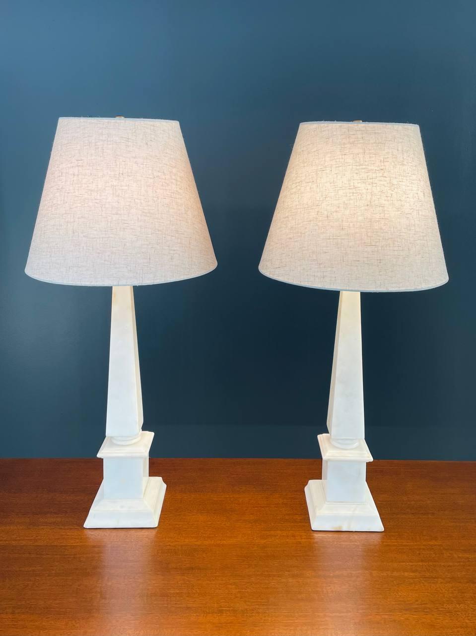American Pair of Italian Neoclassical Obelisk Shaped Alabaster Marble Lamps