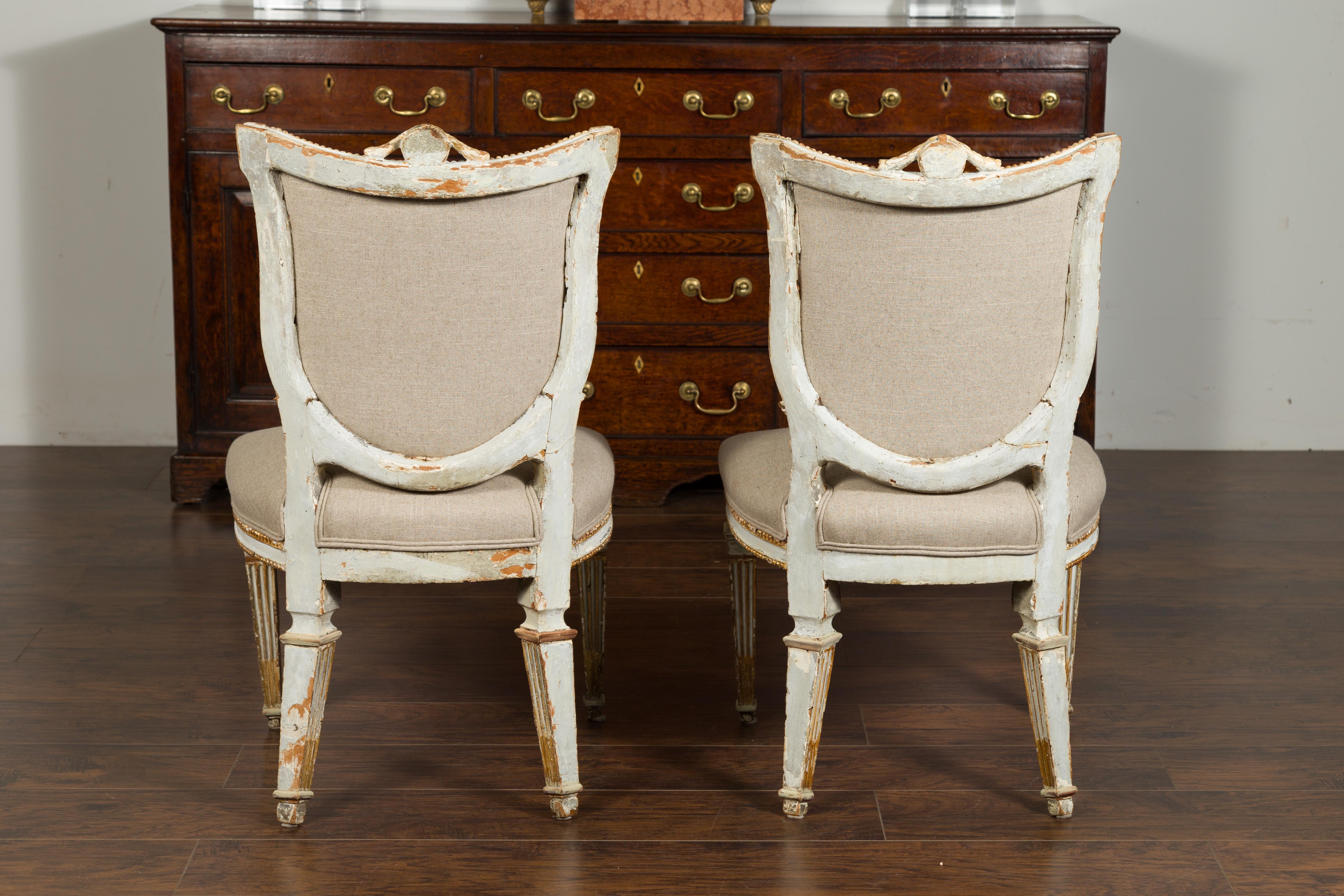 Pair of Italian Neoclassical Painted and Carved Side Chairs with Shield Backs For Sale 9