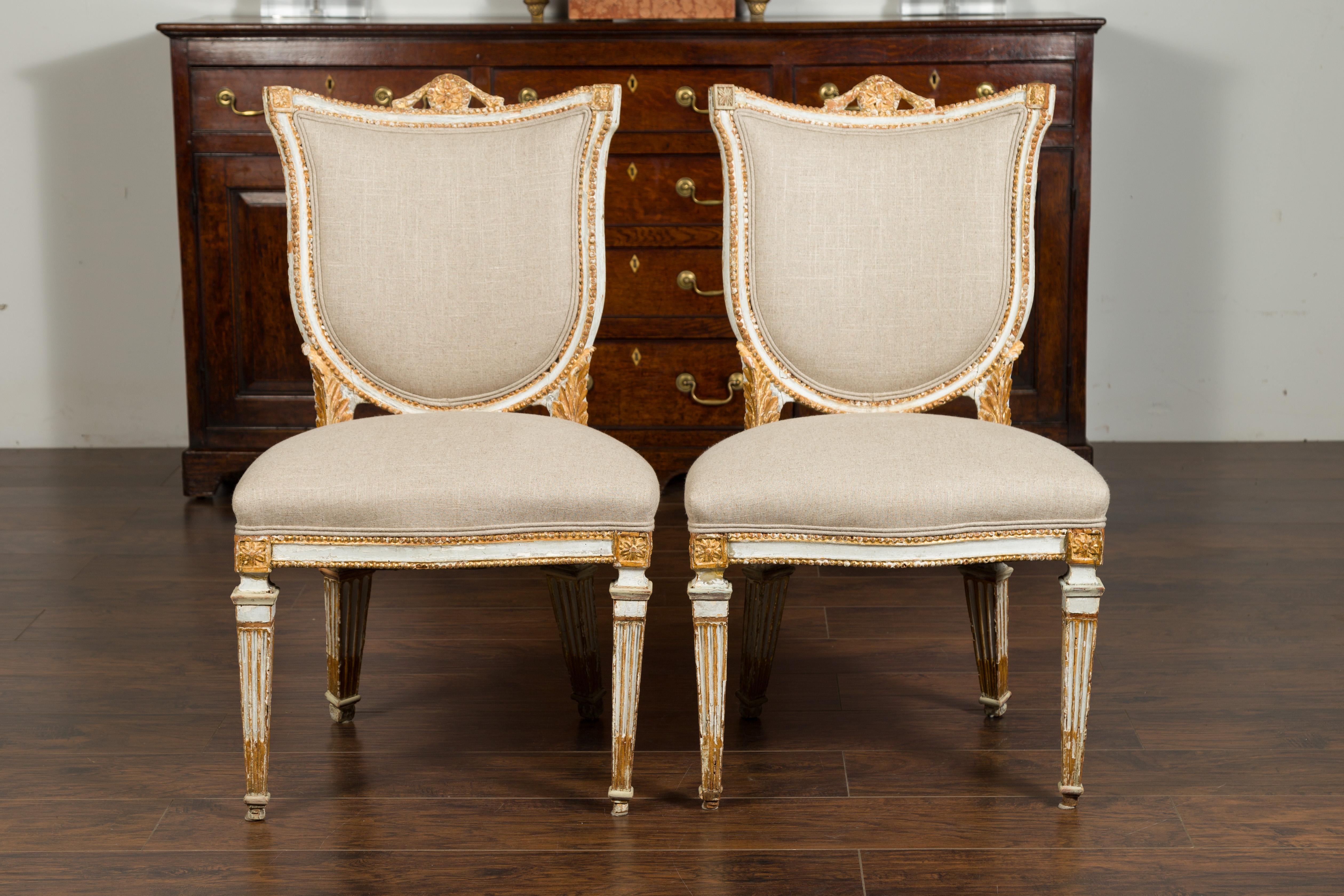 Pair of Italian Neoclassical Painted and Carved Side Chairs with Shield Backs For Sale 13